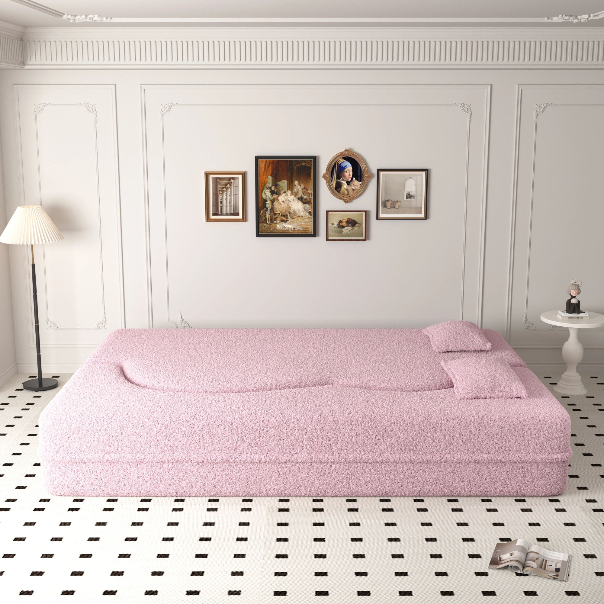 Modern Pink Floor Sofa Bed, Convertible Sherpa Fleece with 2 Pillows, 15" Full Size Folding Mattress, No Assembly, Living Room Playroom view 6