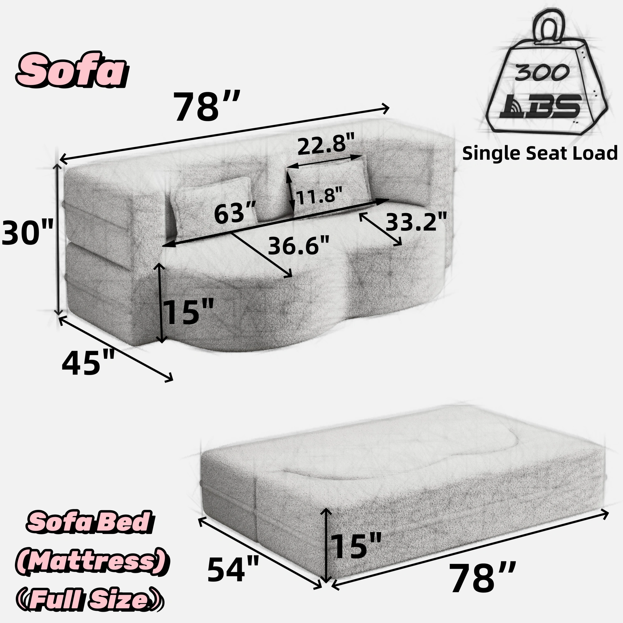 Modern Pink Floor Sofa Bed, Convertible Sherpa Fleece with 2 Pillows, 15" Full Size Folding Mattress, No Assembly, Living Room Playroom view 8