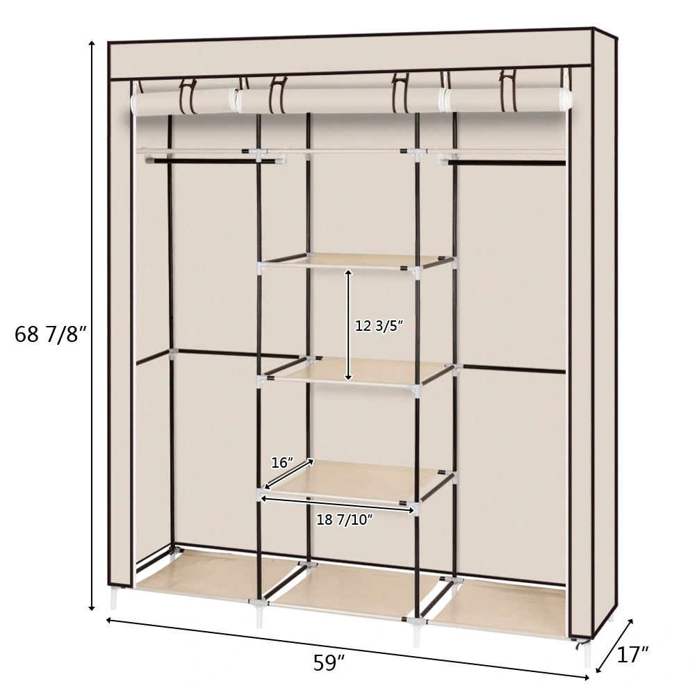 69" Portable Clothes Closet Non-Woven Fabric Wardrobe Double Rod Storage Organizer Beige view 11