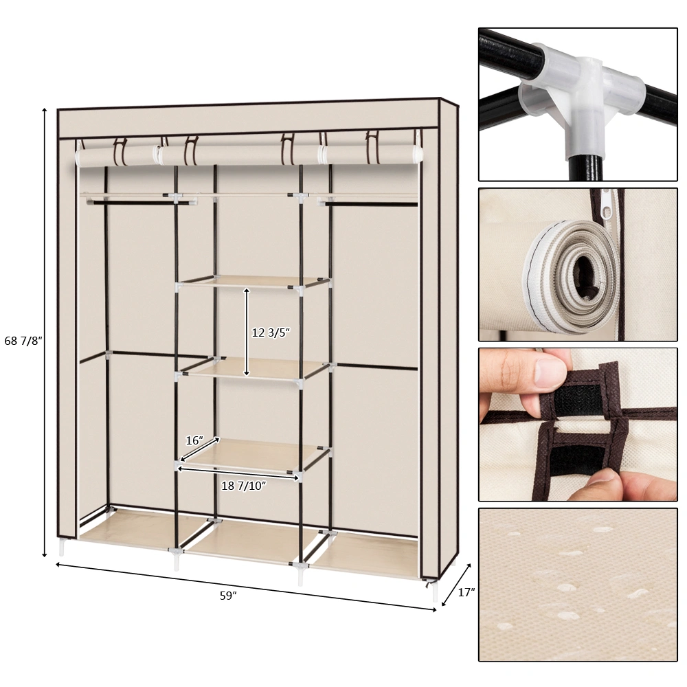 69" Portable Clothes Closet Non-Woven Fabric Wardrobe Double Rod Storage Organizer Beige view 14
