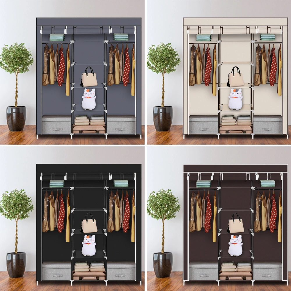 69" Portable Clothes Closet Non-Woven Fabric Wardrobe Double Rod Storage Organizer Beige view 15