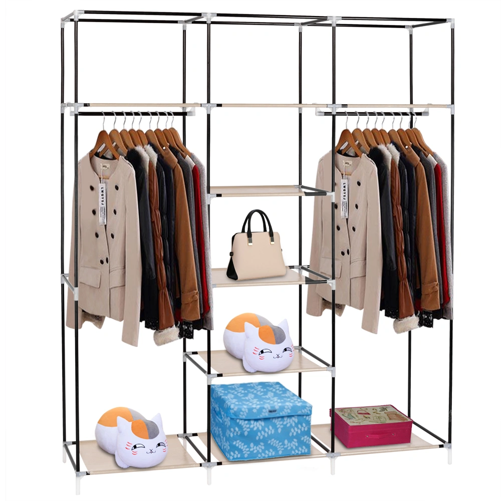 69" Portable Clothes Closet Non-Woven Fabric Wardrobe Double Rod Storage Organizer Beige view 4