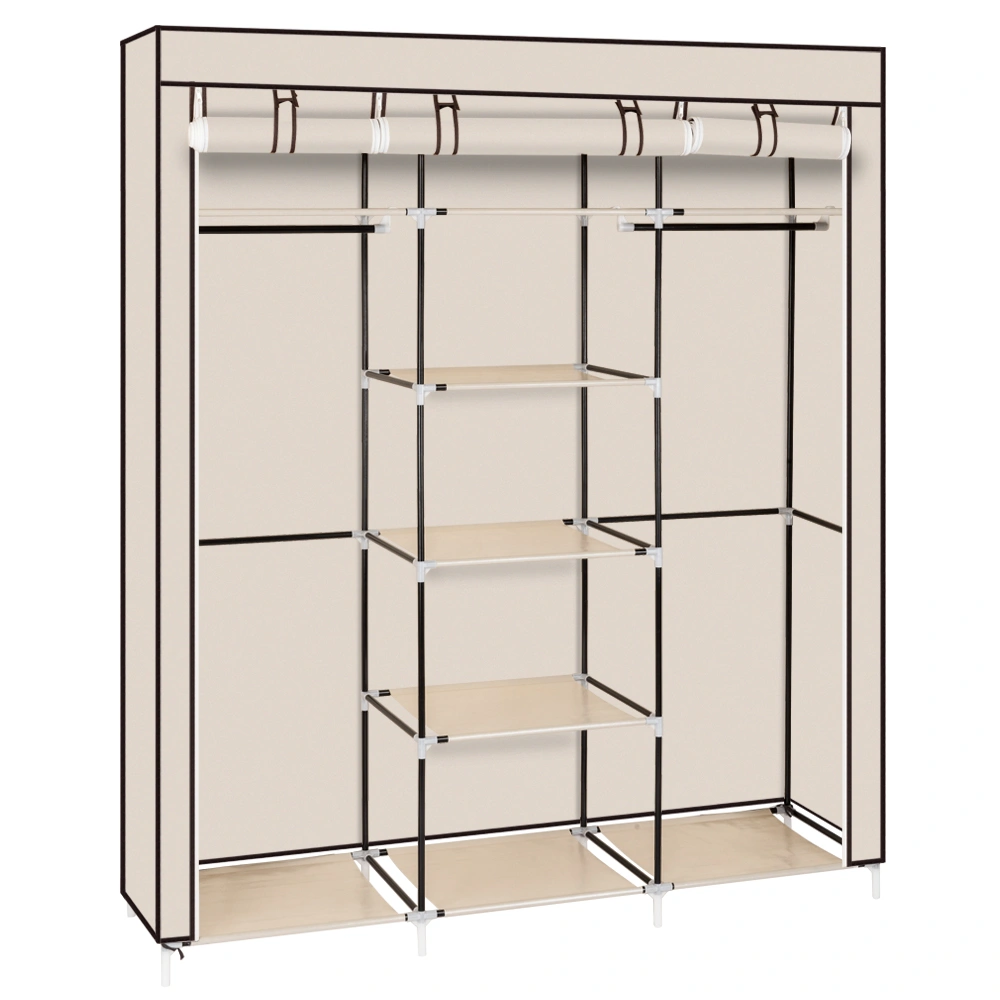 69" Portable Clothes Closet Non-Woven Fabric Wardrobe Double Rod Storage Organizer Beige view 5