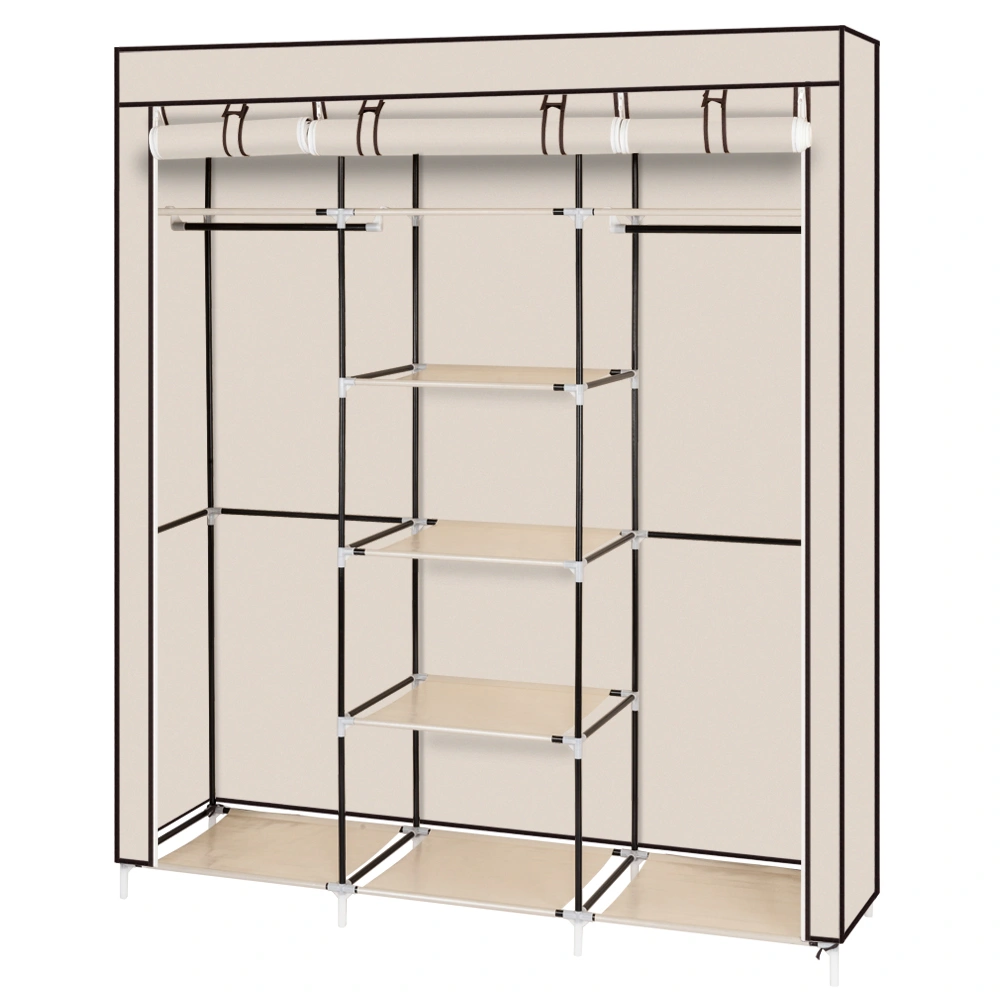 69" Portable Clothes Closet Non-Woven Fabric Wardrobe Double Rod Storage Organizer Beige view 9