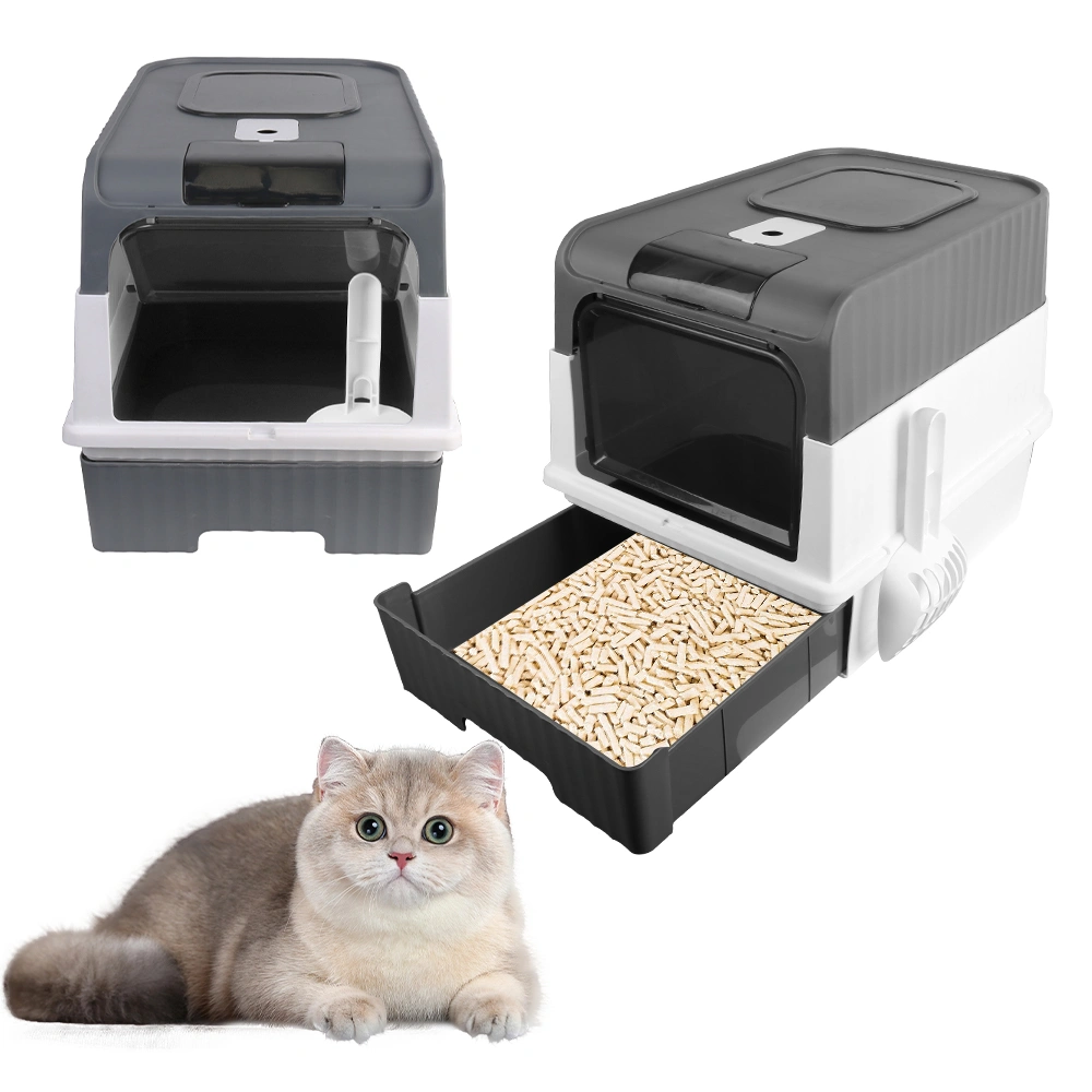 Large Cat Litter Box Anti-Splashing Self Cleaning Pan Drawer Tray with Lid Grey Pet Toilet Pee Pan for Cats view 2