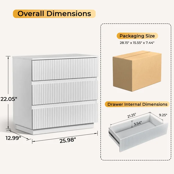 Handleless Grille-Finished 3-Drawer Bedside Table P2 Particleboard + MDF & Melamine Veneer + Thermoformed Drawer Dresser 23.62*12.99*22.05in White view 5