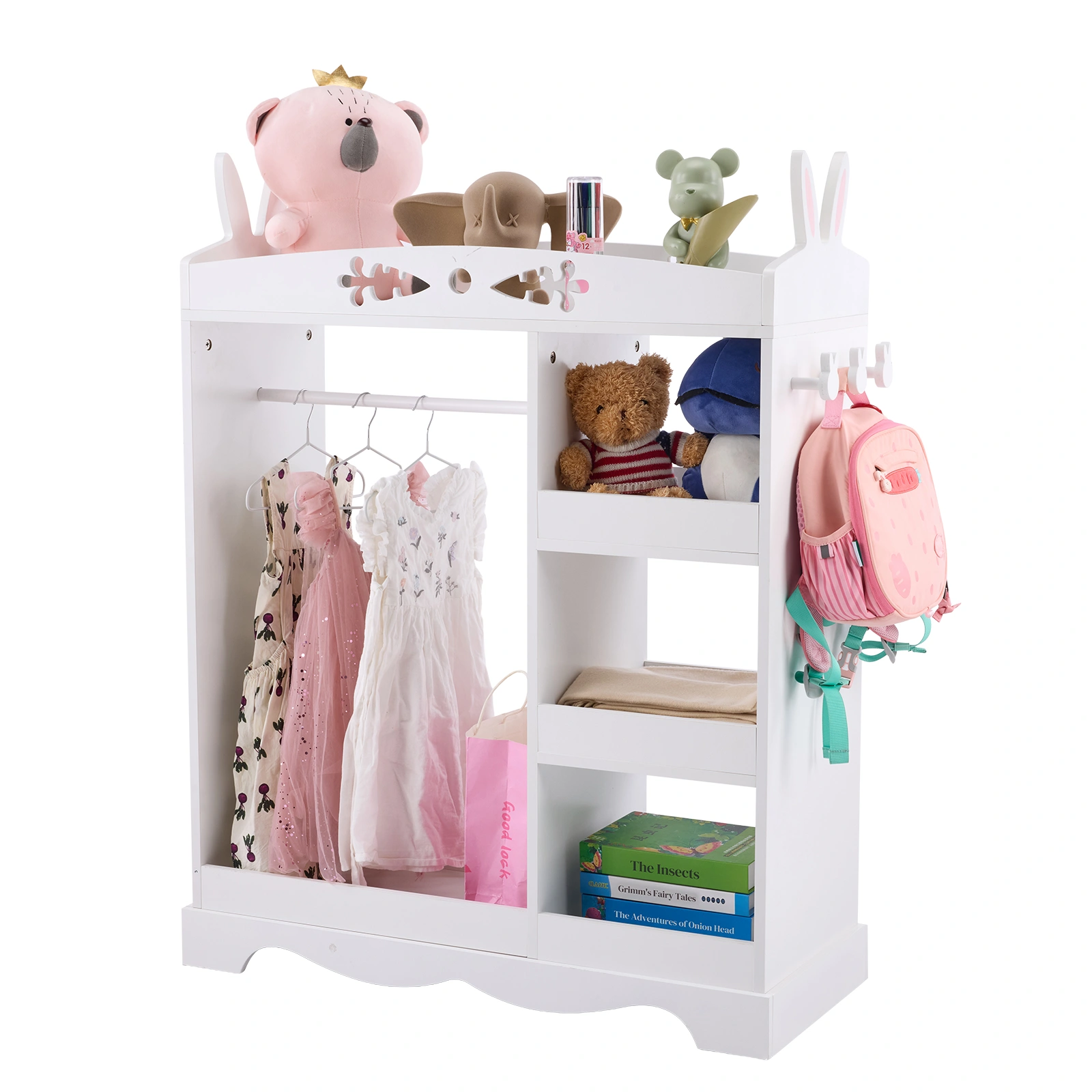 White MDF + Particleboard Children's Wardrobe with 1 Mirror, 3 Shelves, and 1 Clothes Rod; Rabbit Ear Design view 2