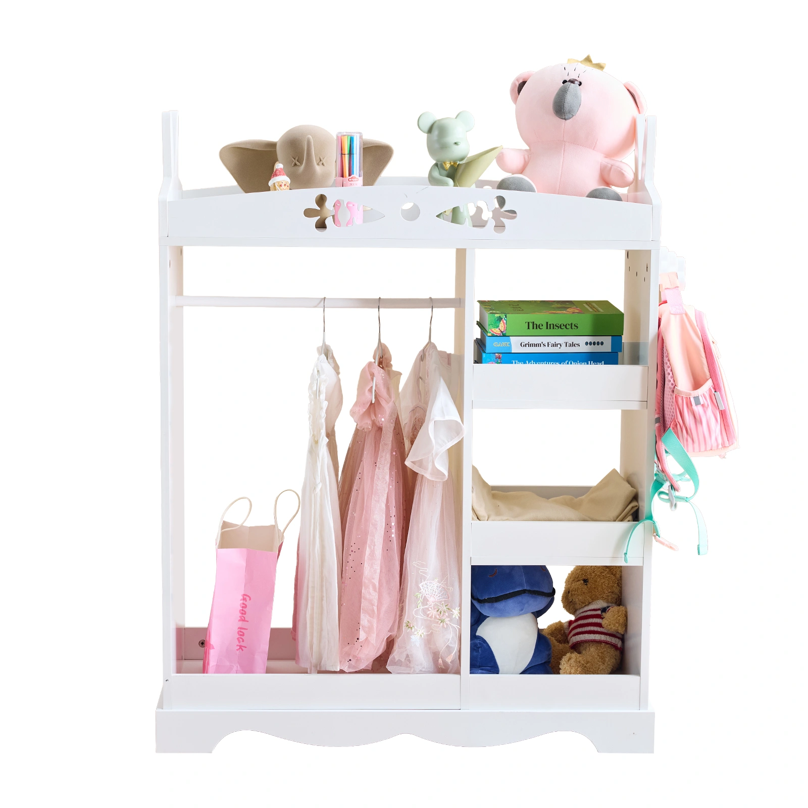 White MDF + Particleboard Children's Wardrobe with 1 Mirror, 3 Shelves, and 1 Clothes Rod; Rabbit Ear Design view 3