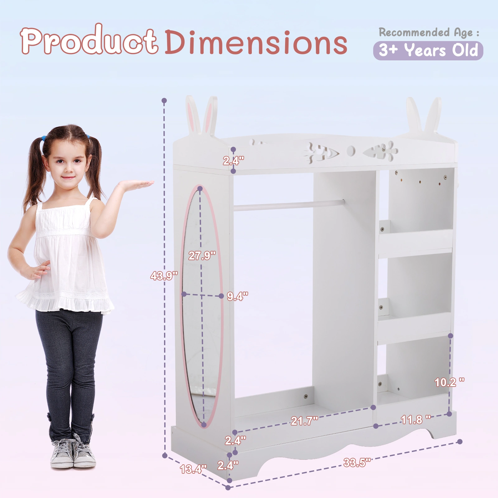 White MDF + Particleboard Children's Wardrobe with 1 Mirror, 3 Shelves, and 1 Clothes Rod; Rabbit Ear Design view 4