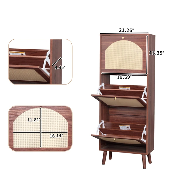 Rattan-covered 3-drawer shoe cabinet, particleboard, 54*24*135 cm, brown view 5