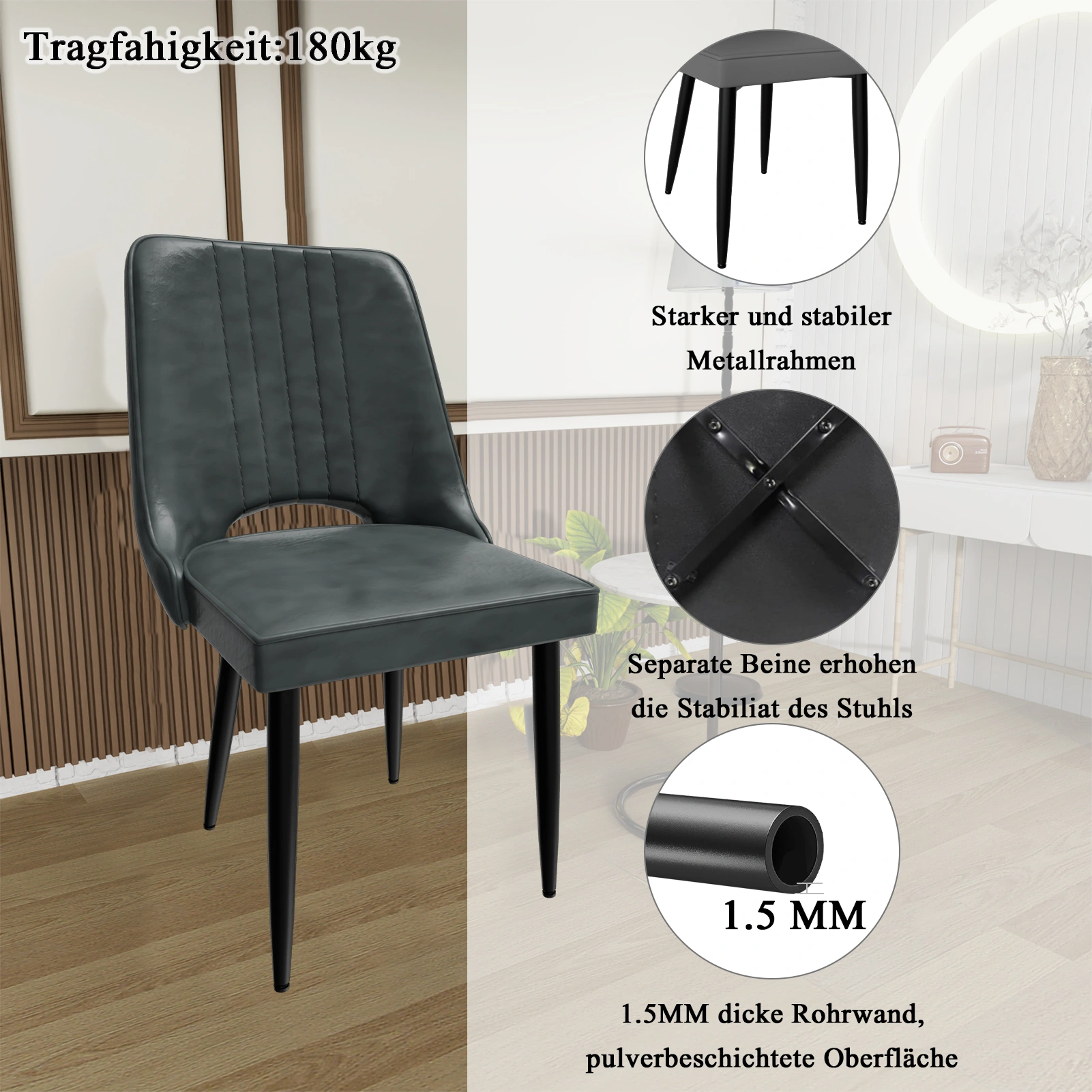 4 Pack Dining Chairs Set, Faux Leather High Back Chairs, Padded Kitchen Chairs with Metal Legs for Living Room view 3