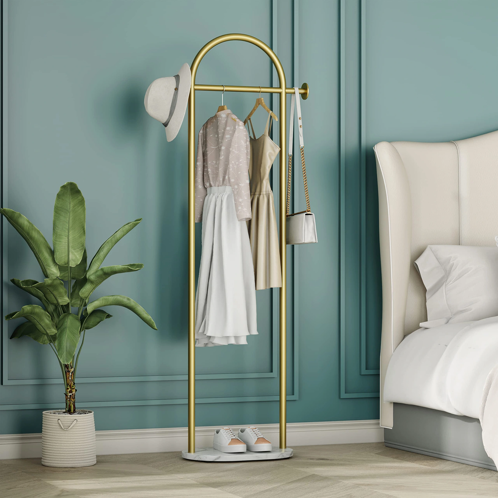 Golden Metal Clothing Rack Freestanding Heavy Duty with Marble Base, Multipurpose Garment Hanger for Bedroom, Hats, Scarves, Jackets