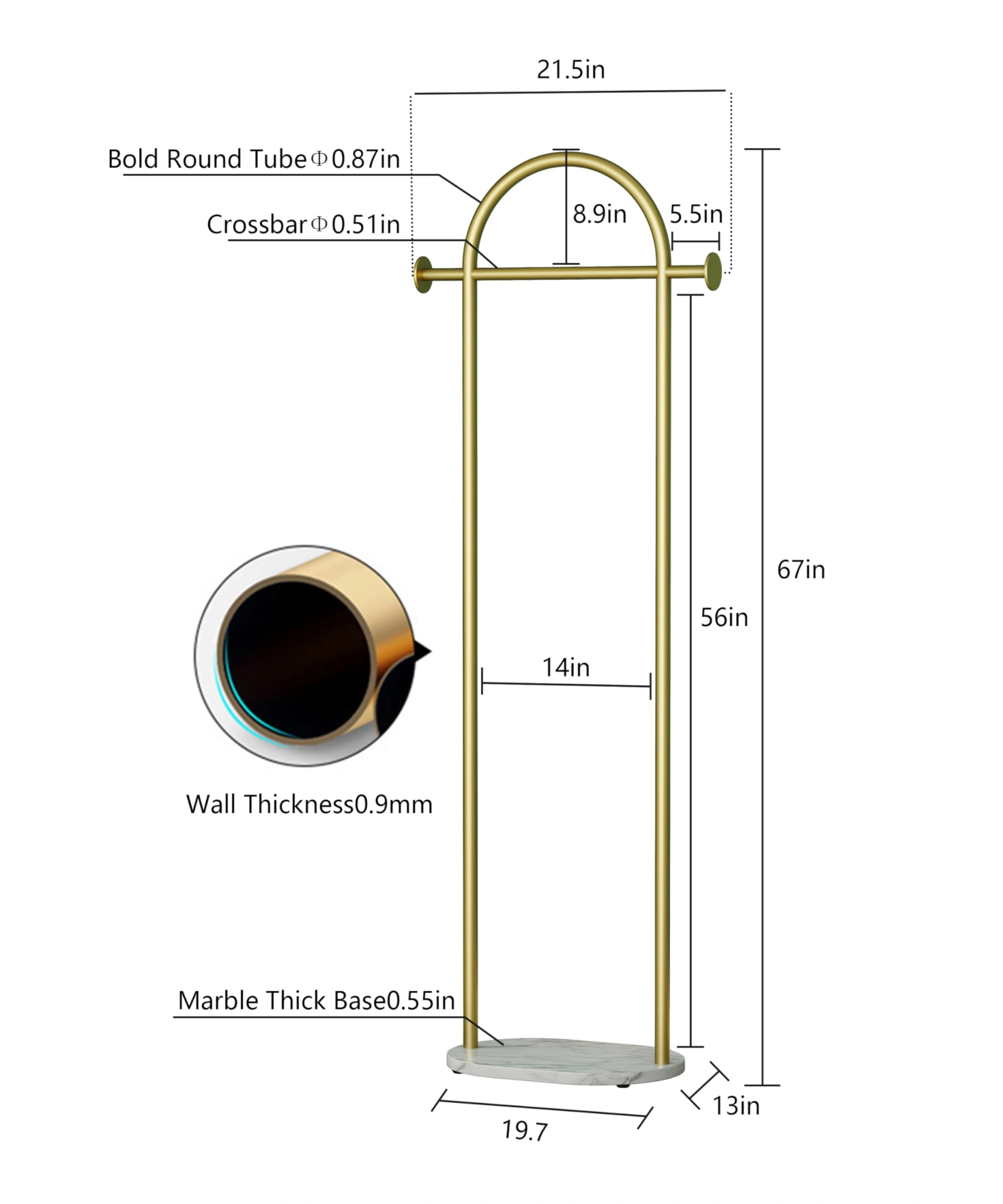 Golden Metal Clothing Rack Freestanding Heavy Duty with Marble Base, Multipurpose Garment Hanger for Bedroom, Hats, Scarves, Jackets view 2