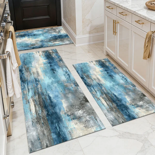 Three-piece kitchen rug set, non-slip and washable, abstract pattern kitchen hallway rug, soft and comfortable, suitable for sinks, floors, entrances, hallways and bathrooms.