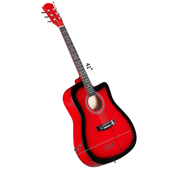 Turn red 41-inch Dreadnought barrel-shaped cutaway acoustic guitar with pick, strings, capo, gig bag, tuner, wrench tool, and shoulder strap view 2