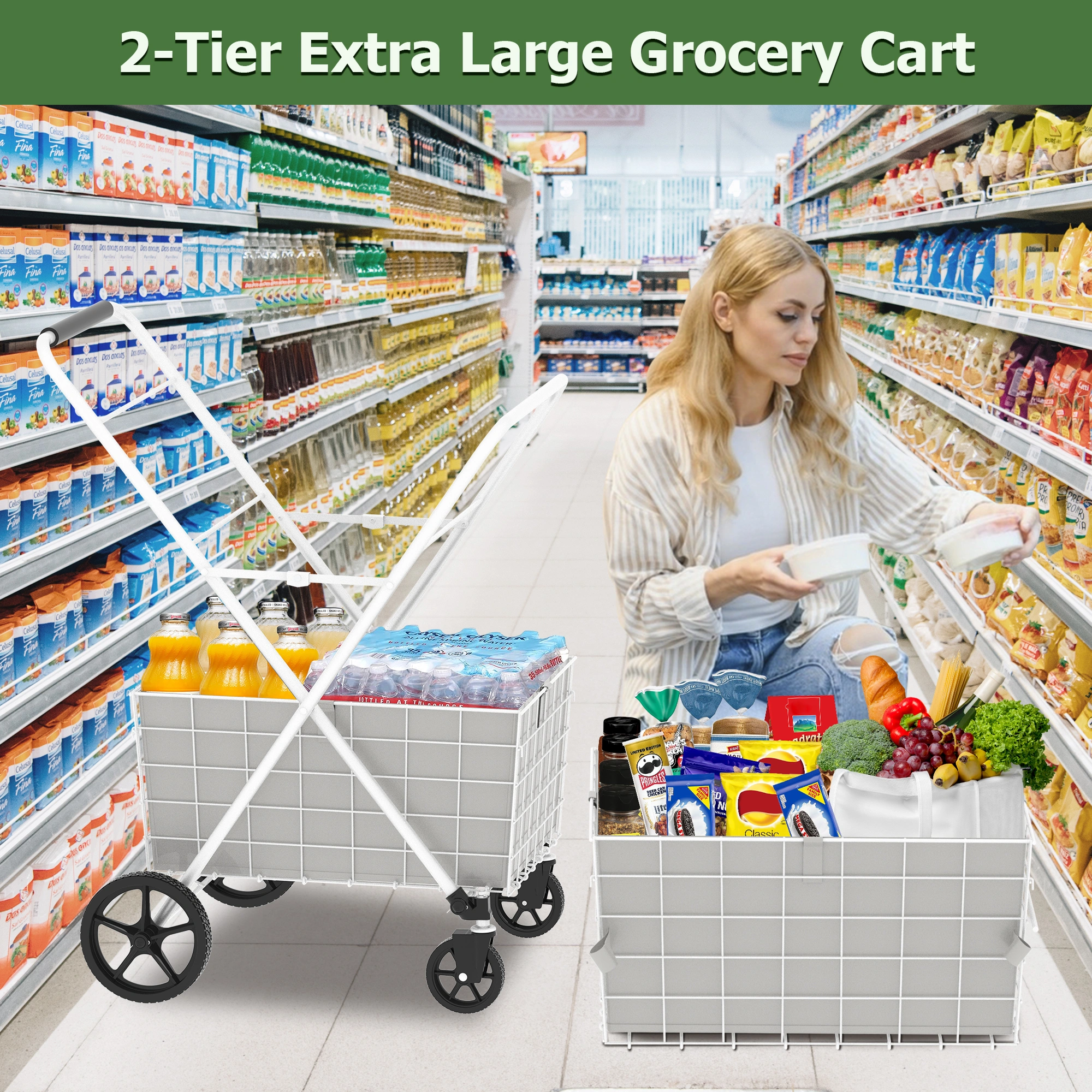 Extra Jumbo Shopping Cart 2 Layer Foldable Utility Cart with 360° Swivel Wheels Double Basket Grocery Laundry Cart White view 10