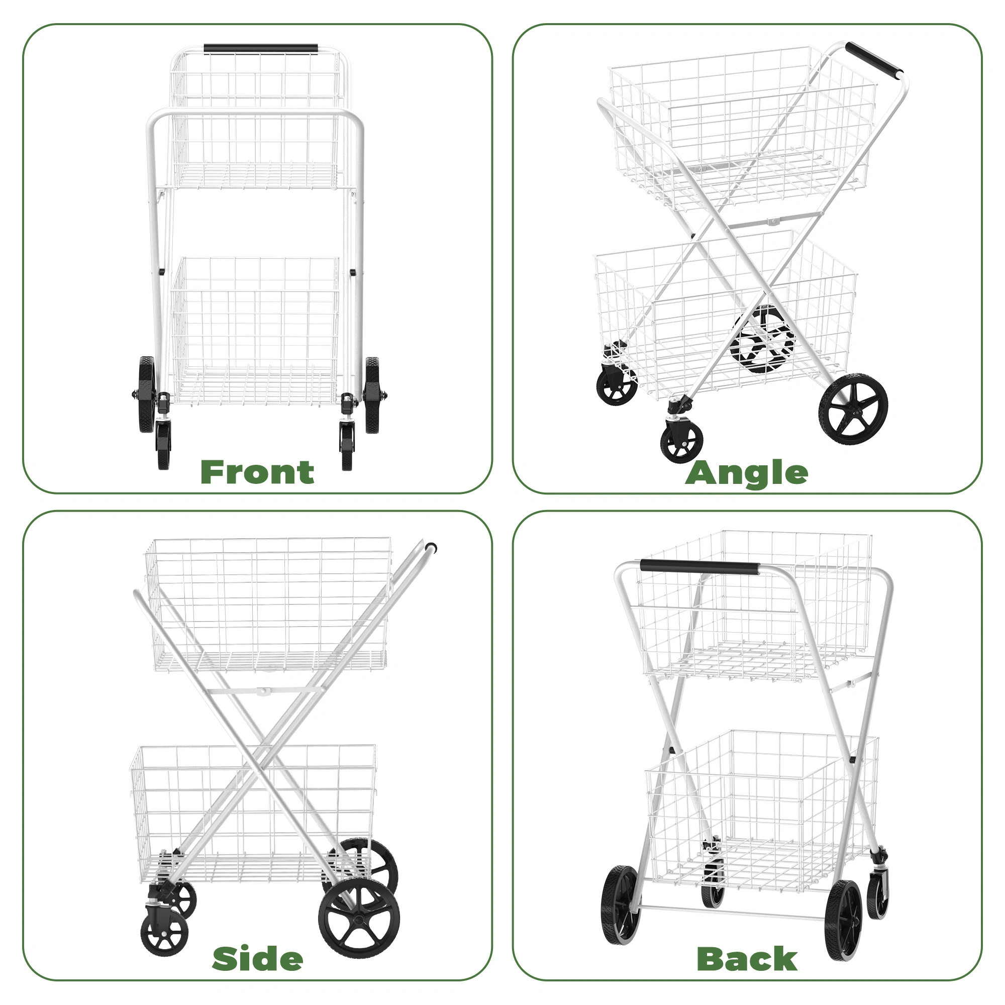 Extra Jumbo Shopping Cart 2 Layer Foldable Utility Cart with 360° Swivel Wheels Double Basket Grocery Laundry Cart White view 2