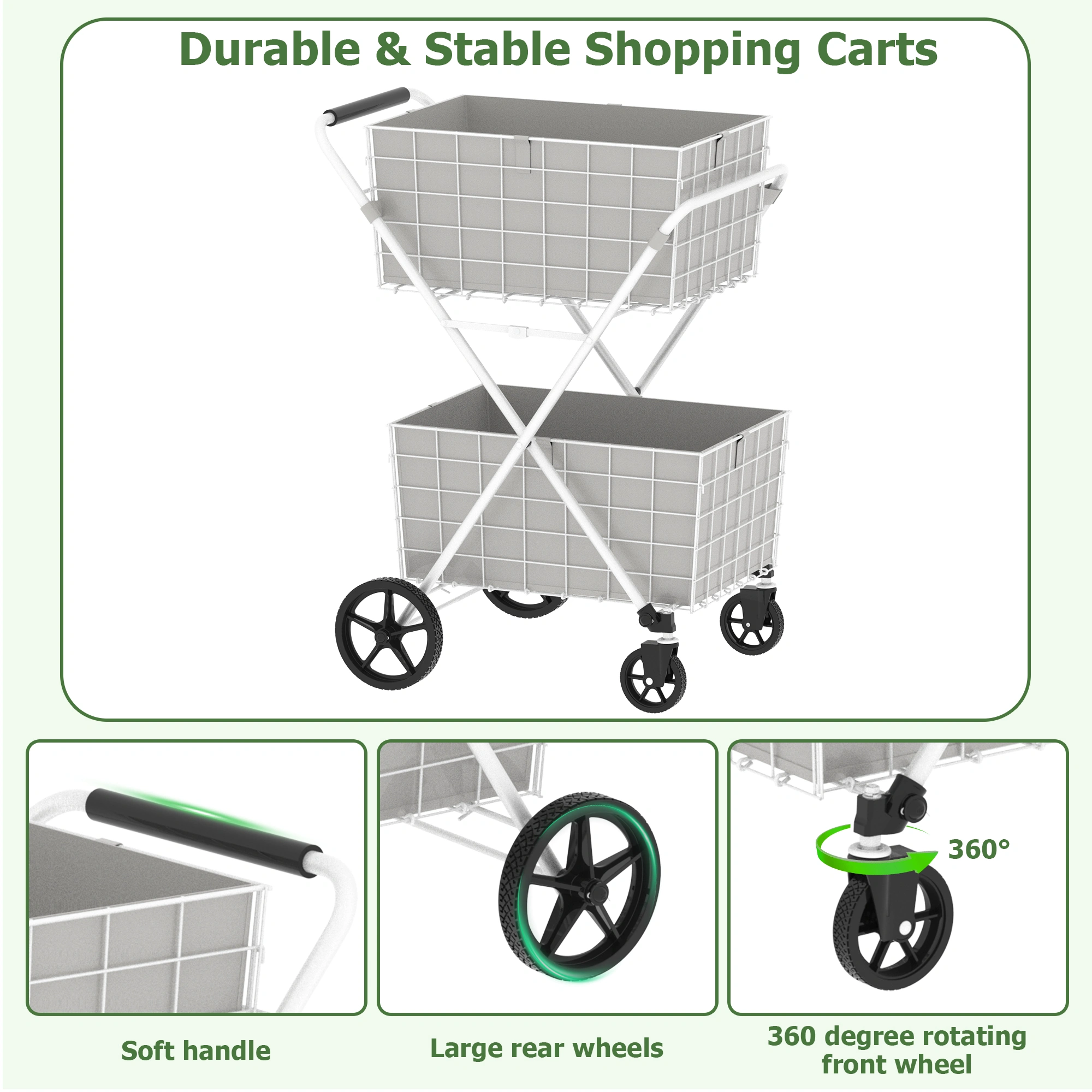 Extra Jumbo Shopping Cart 2 Layer Foldable Utility Cart with 360° Swivel Wheels Double Basket Grocery Laundry Cart White view 4