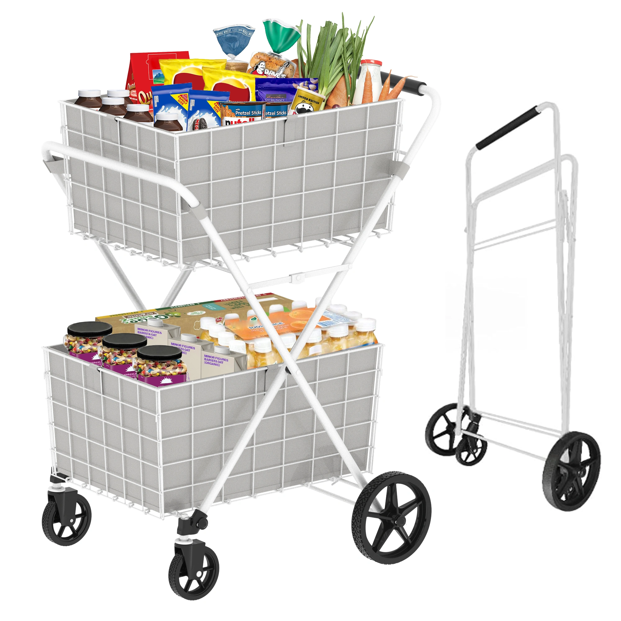 Extra Jumbo Shopping Cart 2 Layer Foldable Utility Cart with 360° Swivel Wheels Double Basket Grocery Laundry Cart White view 5