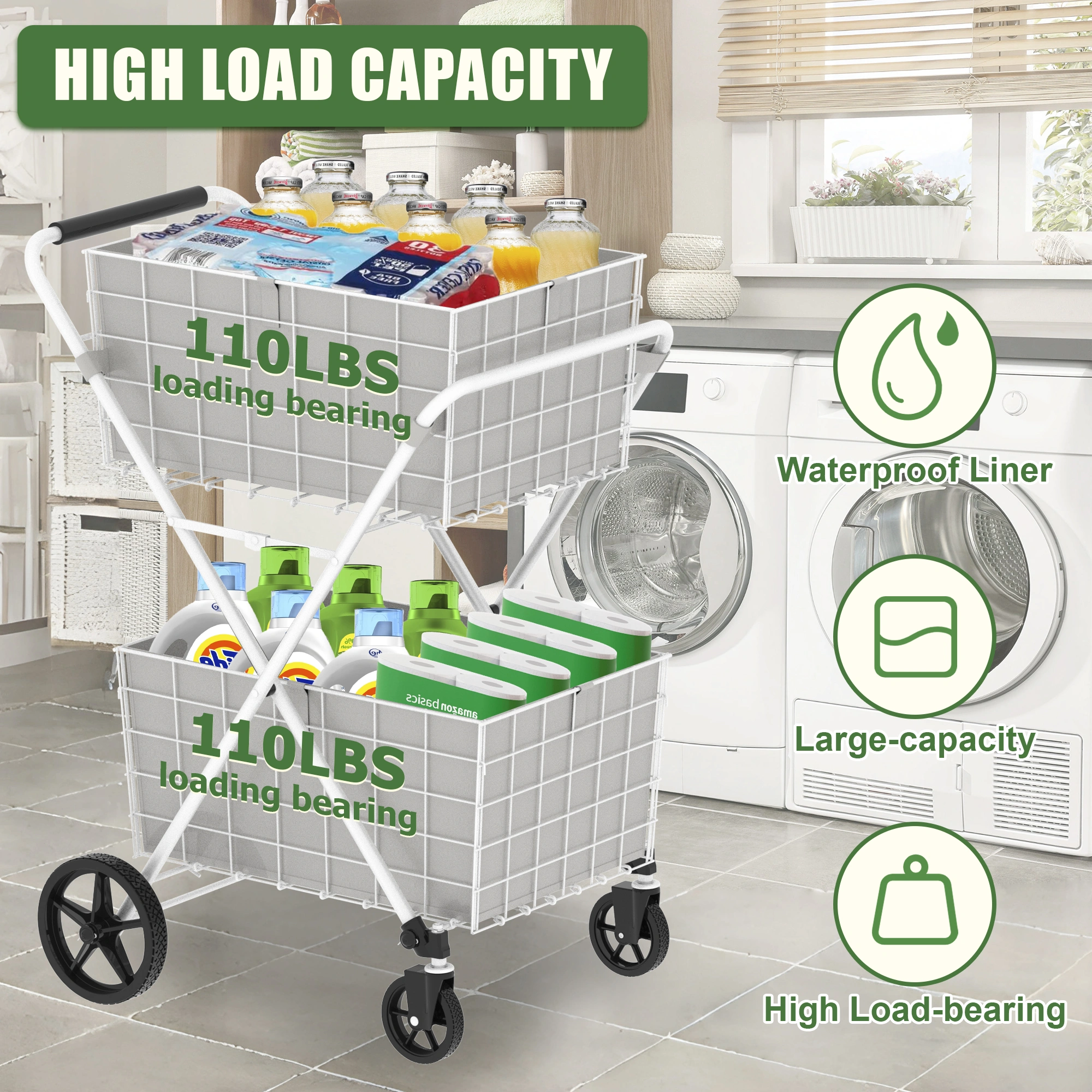 Extra Jumbo Shopping Cart 2 Layer Foldable Utility Cart with 360° Swivel Wheels Double Basket Grocery Laundry Cart White view 7