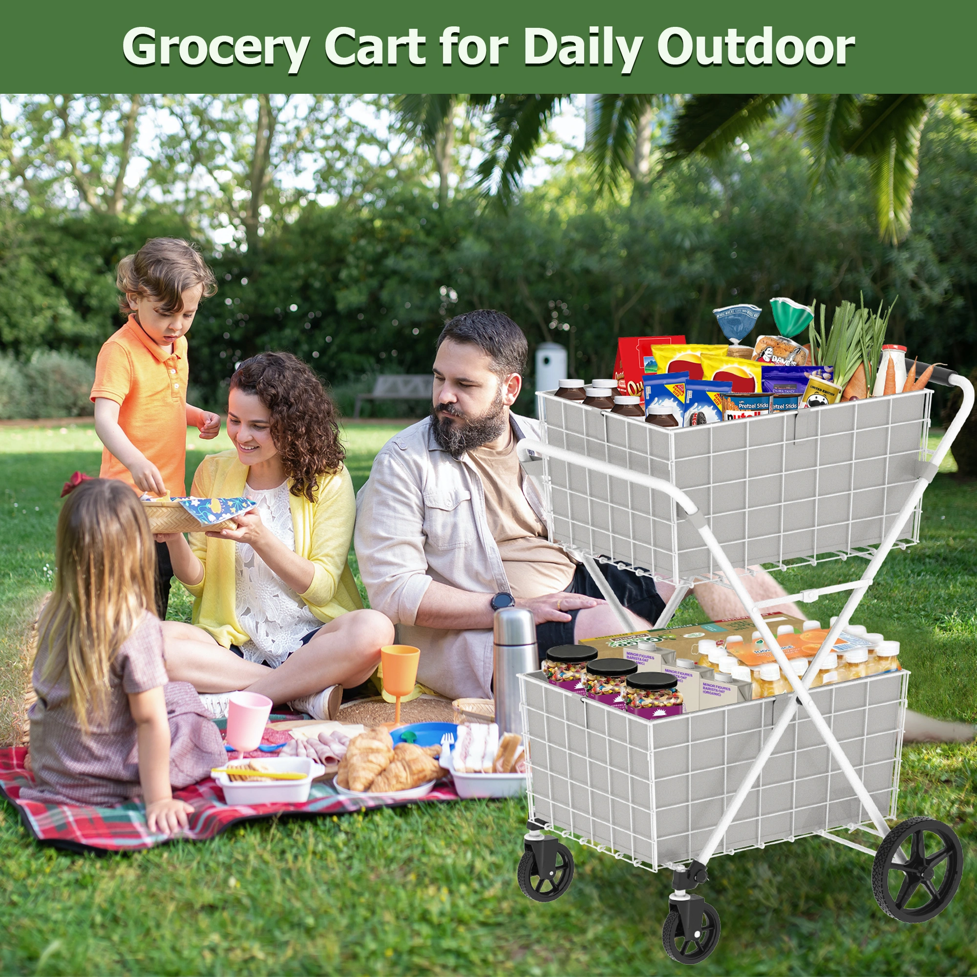 Extra Jumbo Shopping Cart 2 Layer Foldable Utility Cart with 360° Swivel Wheels Double Basket Grocery Laundry Cart White view 9
