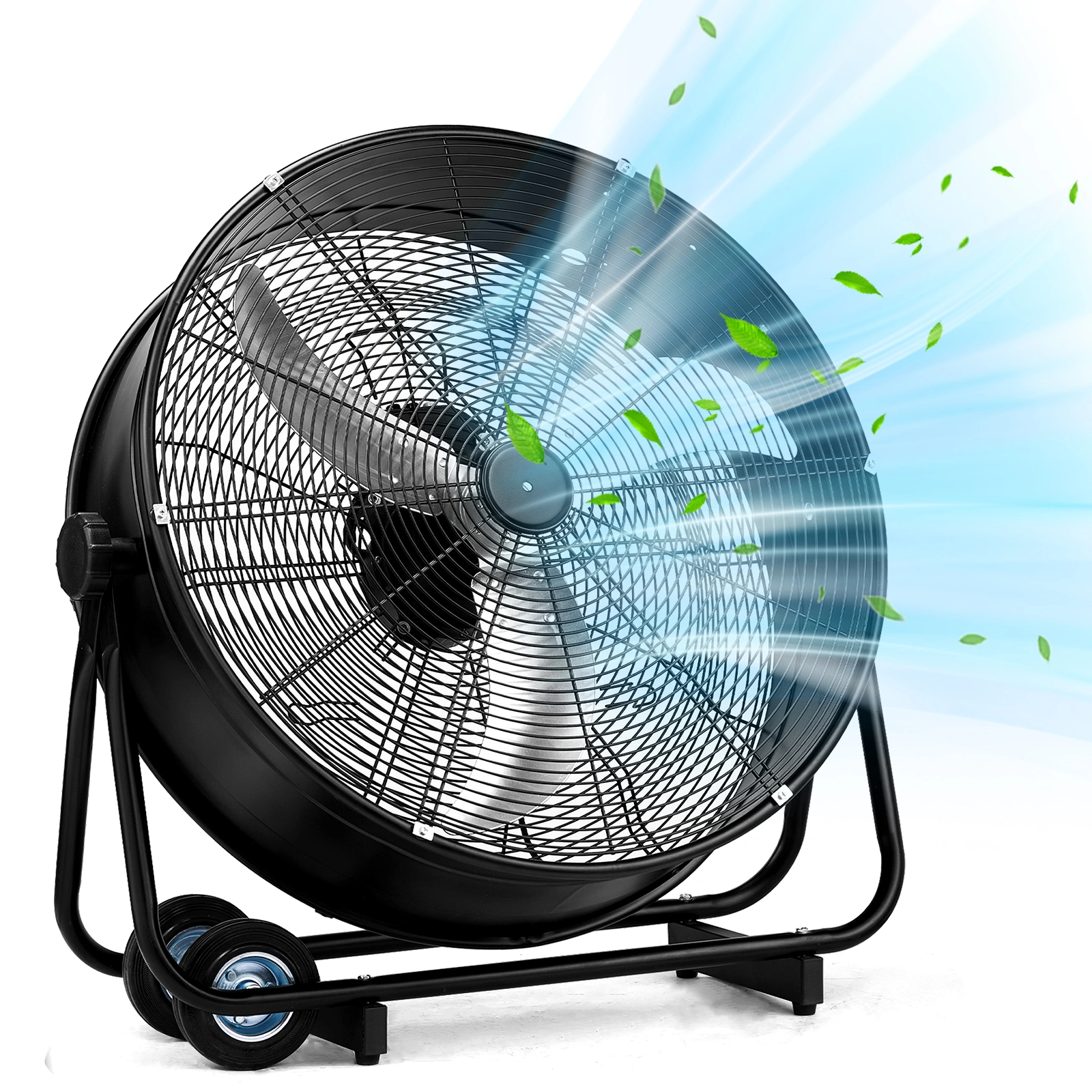 US Standard MLD-30 Industrial Drum Fan, 30 Inch 110V 230W High Velocity Floor Fan, 3 Speed Heavy Duty Black Metal Air Circulator, Adjustable Tilt with Outer Double Wheels, Copper Motor Single Side Support for Warehouse Commercial Use