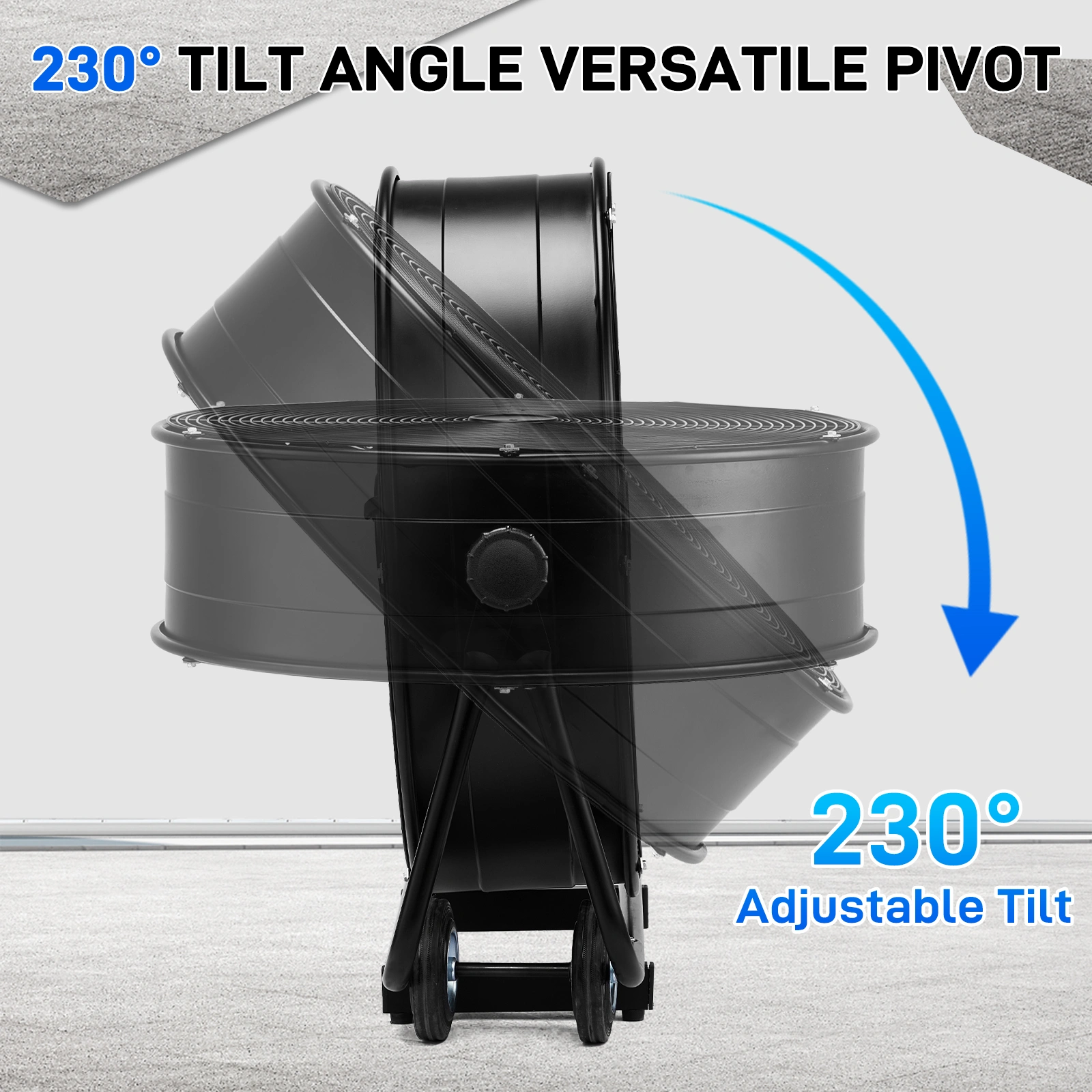 US Standard MLD-30 Industrial Drum Fan, 30 Inch 110V 230W High Velocity Floor Fan, 3 Speed Heavy Duty Black Metal Air Circulator, Adjustable Tilt with Outer Double Wheels, Copper Motor Single Side Support for Warehouse Commercial Use view 2