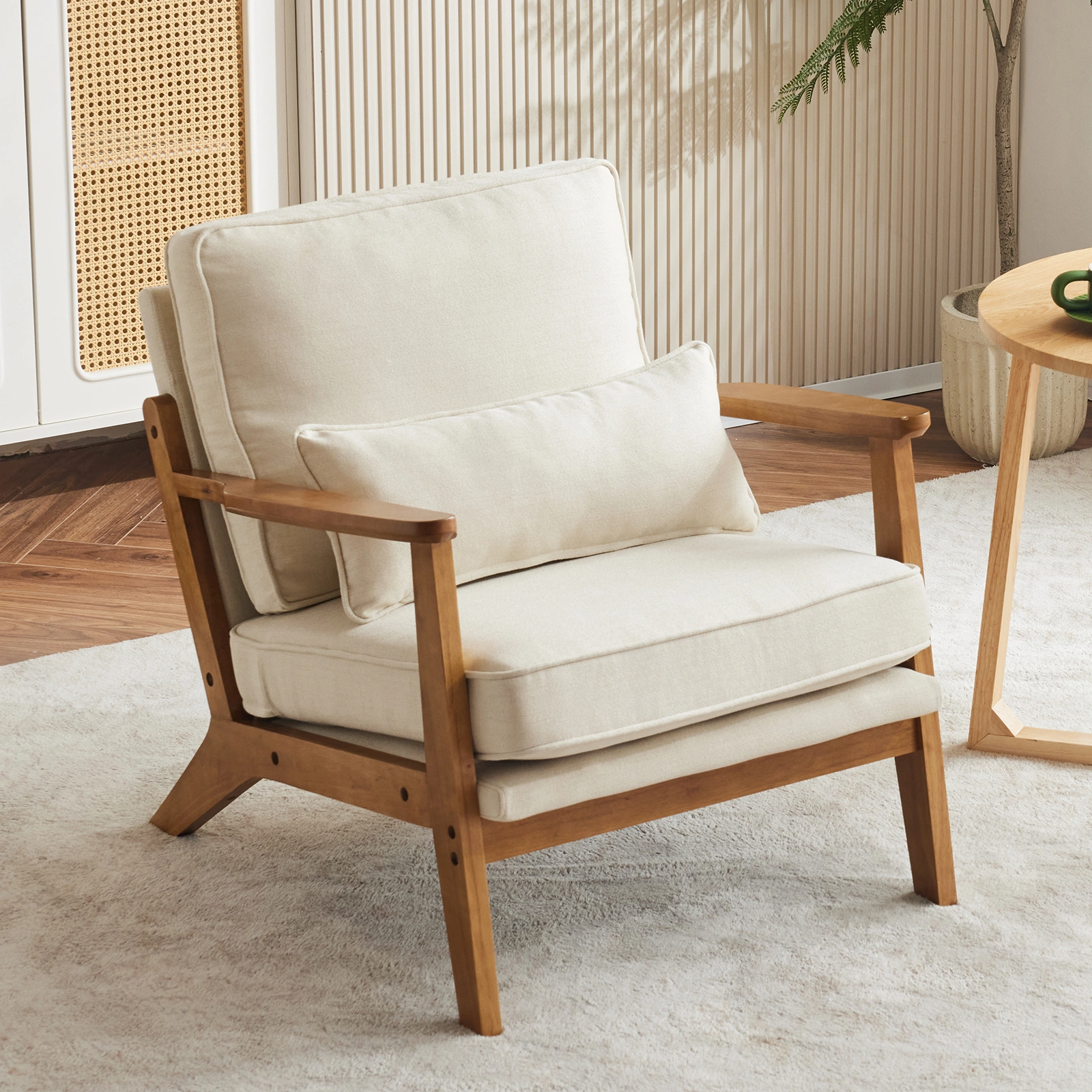 Oak Armrest Oak Upholstered Single Lounge Chair Indoor Lounge Chair Off-White view 7