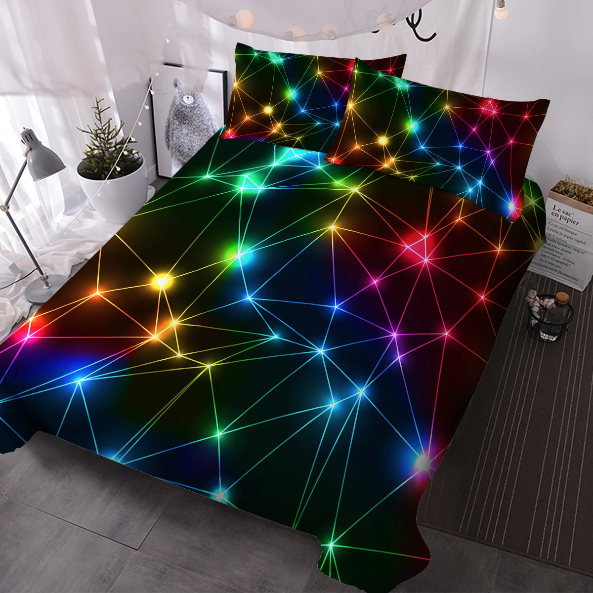 Triangle Retro Neon Duvet Cover Set 3-Piece Glowing Sparkling Rainbow Laser Pattern Bedding Super King for Boys