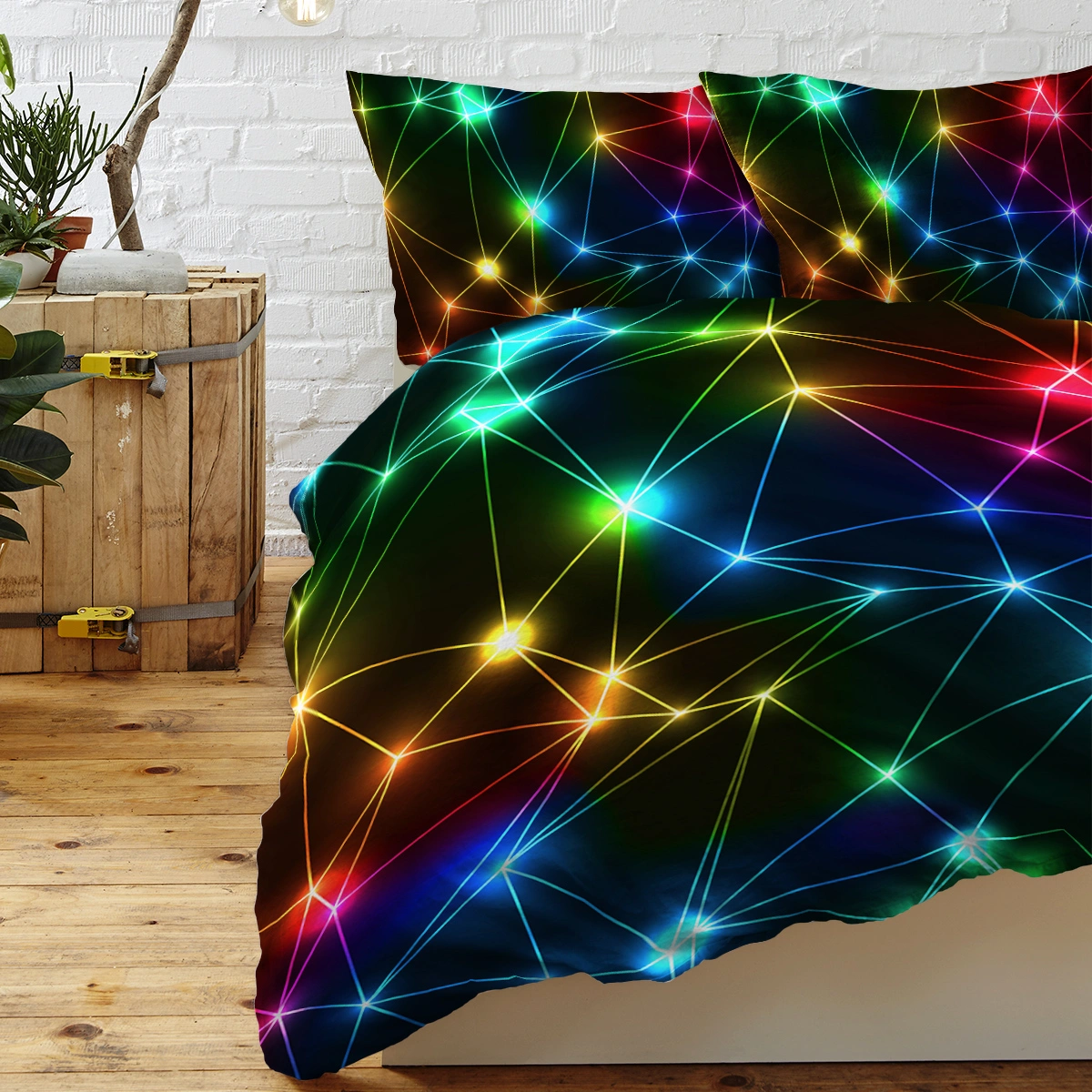 Triangle Retro Neon Duvet Cover Set 3-Piece Glowing Sparkling Rainbow Laser Pattern Bedding Super King for Boys view 3