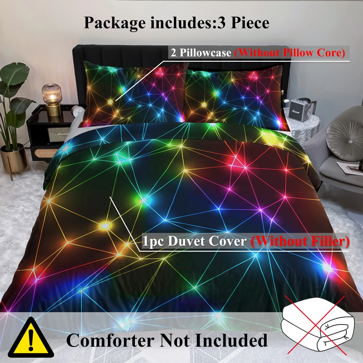 Triangle Retro Neon Duvet Cover Set 3-Piece Glowing Sparkling Rainbow Laser Pattern Bedding Super King for Boys view 4