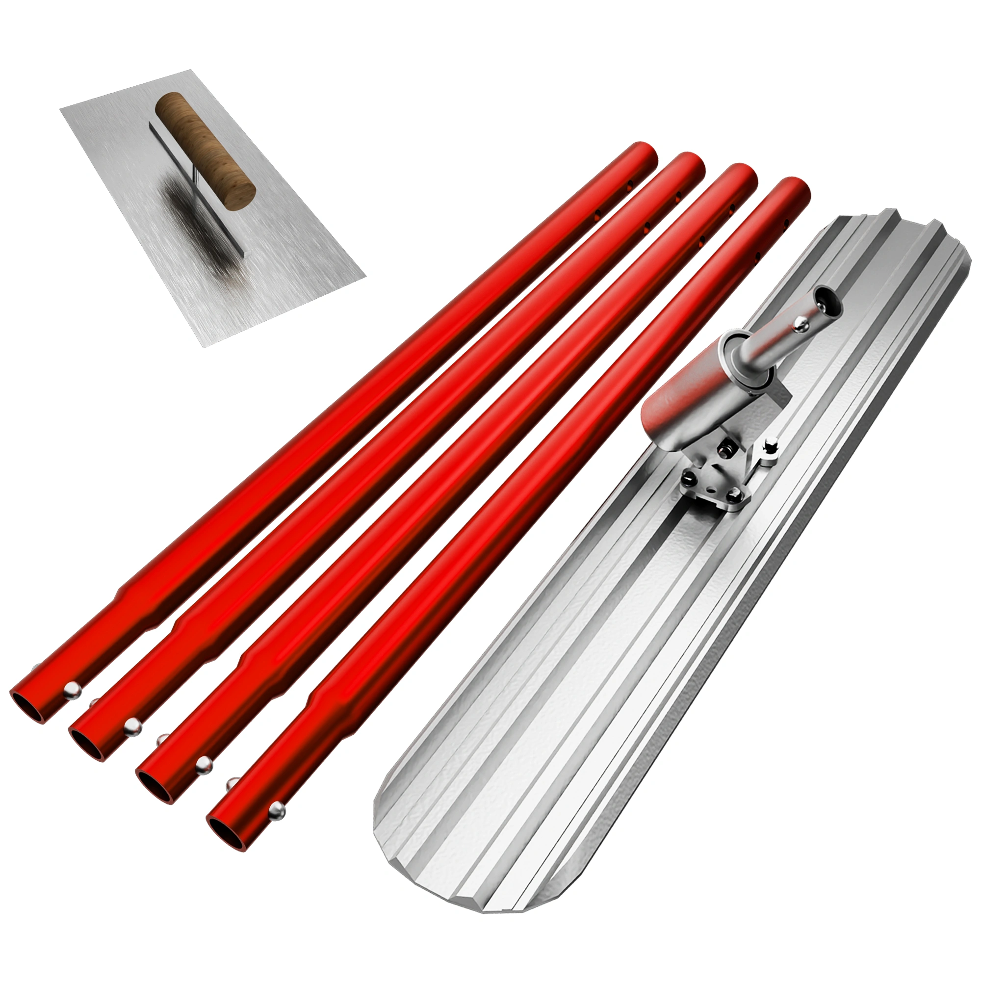 48''x8'' Concrete Bull Float with T Trowel, Aluminium Alloy Finish Tool, Adjustable Bracket, 4 Handles, Red, Pro Smoothing for Construction