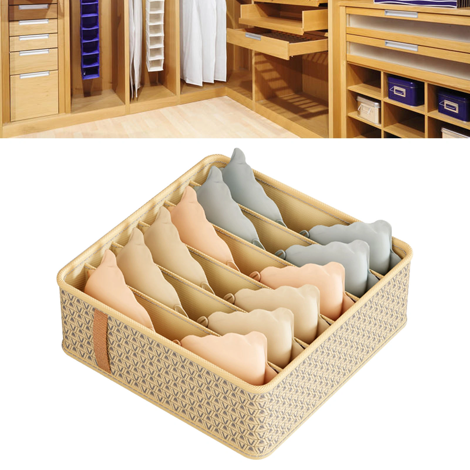 Beige Fabric Closet Drawer Organizer Dividers - 6 Grid Storage Bins, Large 32x32x11cm Space Saving Dresser Inserts view 4