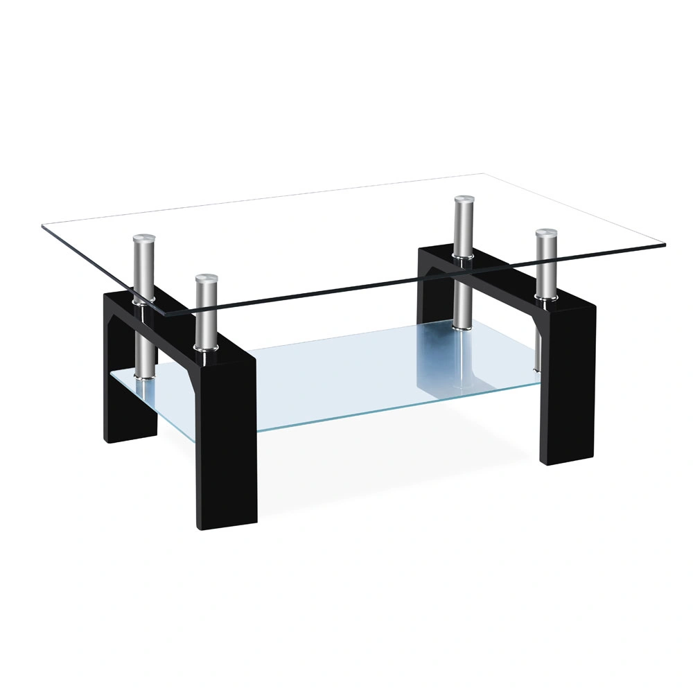 Arc Shaped Tempered Glass Coffee Table with Two Tiers, Modern Living Room Accent Table