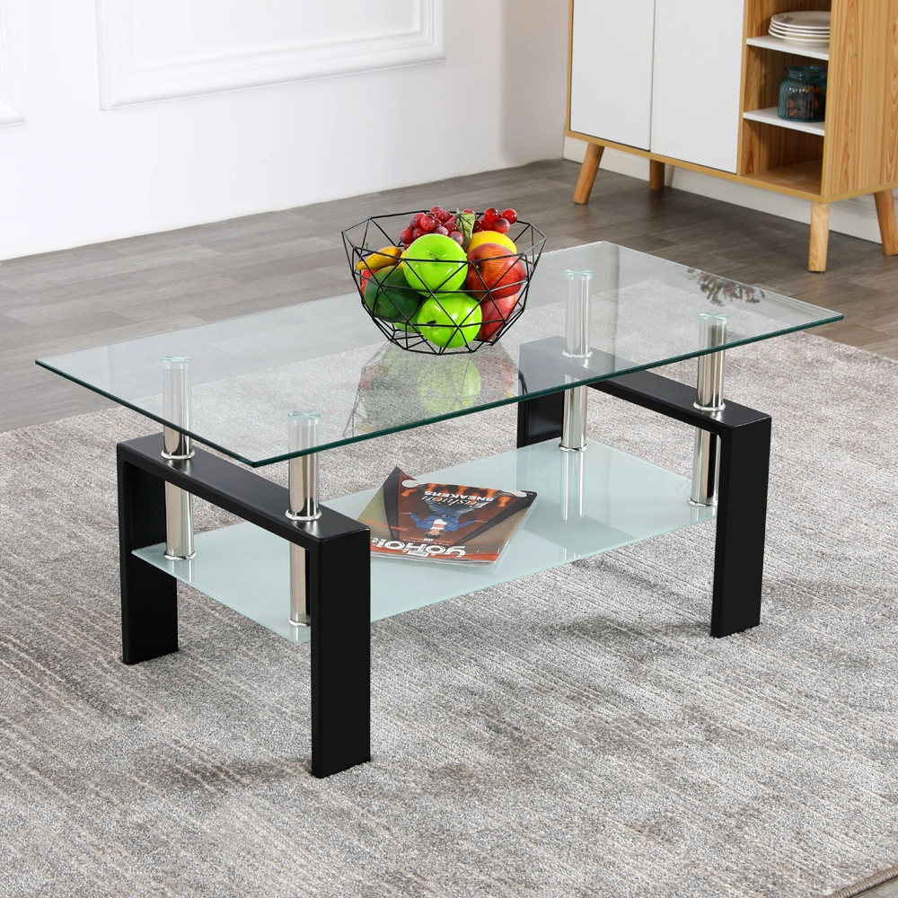 Arc Shaped Tempered Glass Coffee Table with Two Tiers, Modern Living Room Accent Table view 2