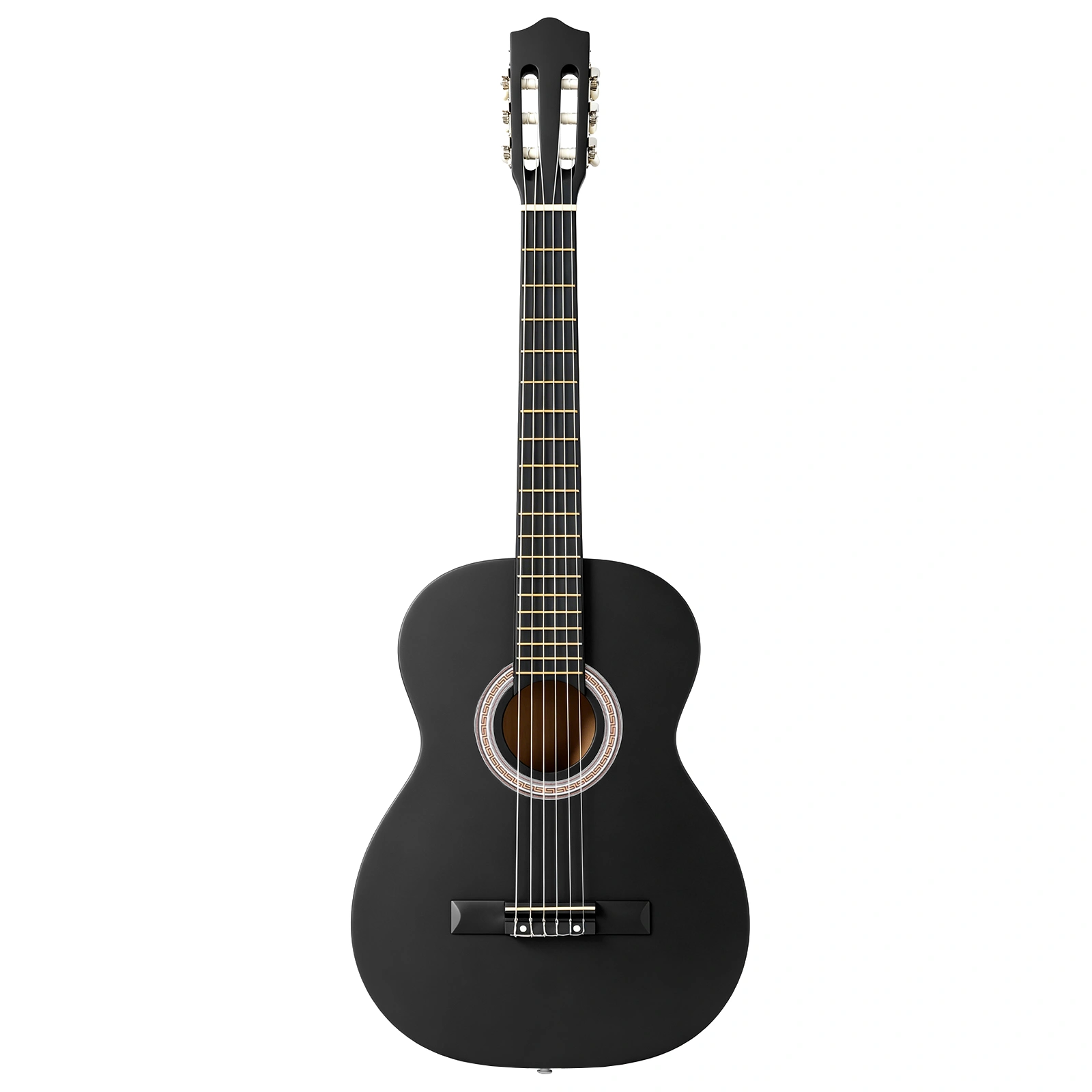 39 Inch Round Barrel Basswood Classical Folk Guitar (Matte Black)including gig bag, spare strings, picks, capo, tuner, and strap.