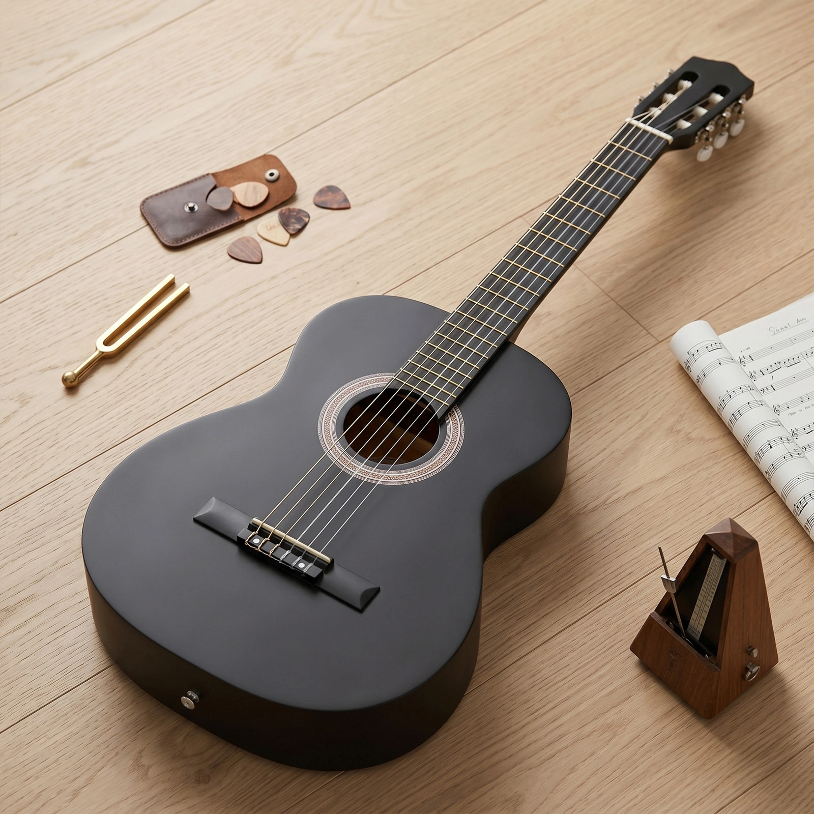 39 Inch Round Barrel Basswood Classical Folk Guitar (Matte Black)including gig bag, spare strings, picks, capo, tuner, and strap. view 11