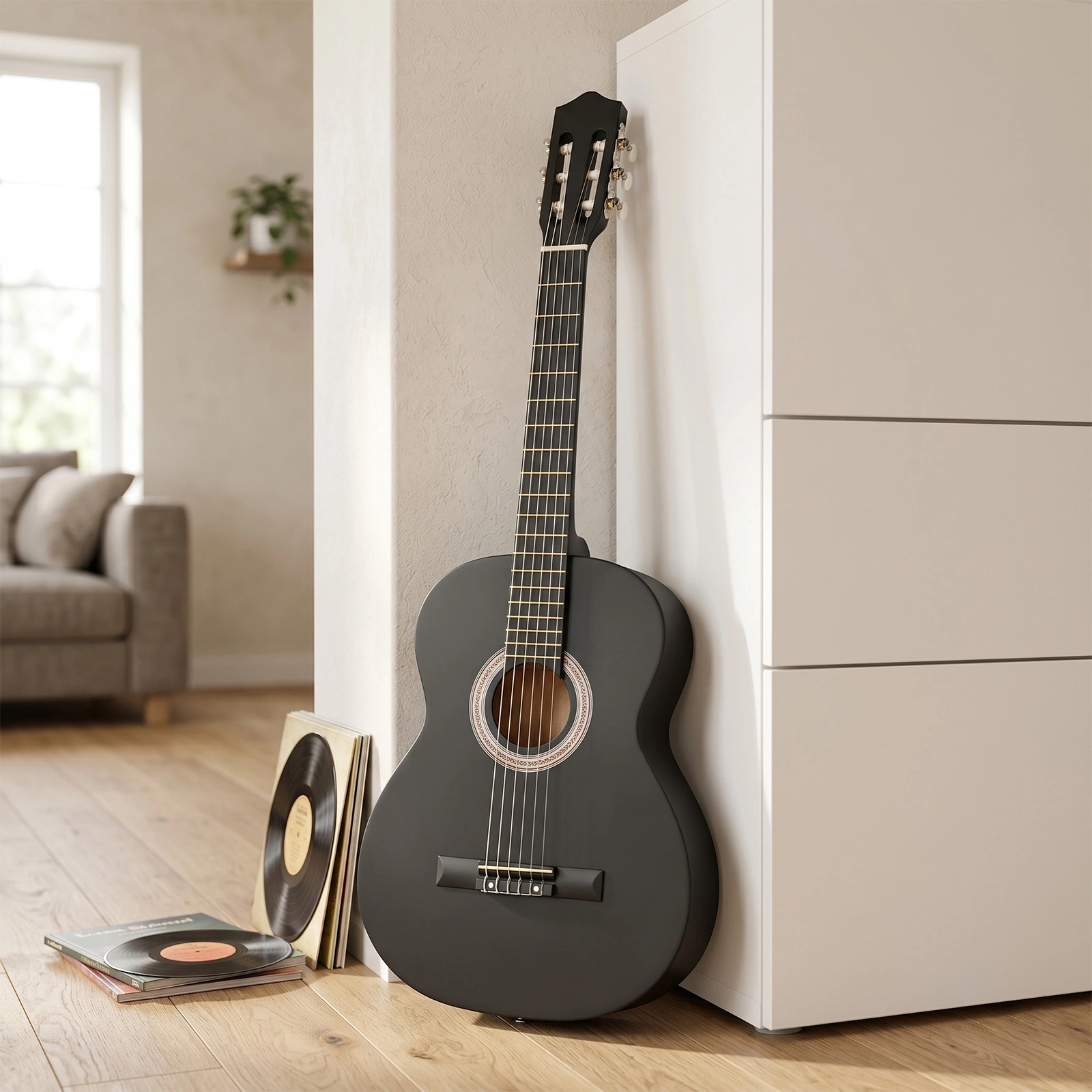 39 Inch Round Barrel Basswood Classical Folk Guitar (Matte Black)including gig bag, spare strings, picks, capo, tuner, and strap. view 12