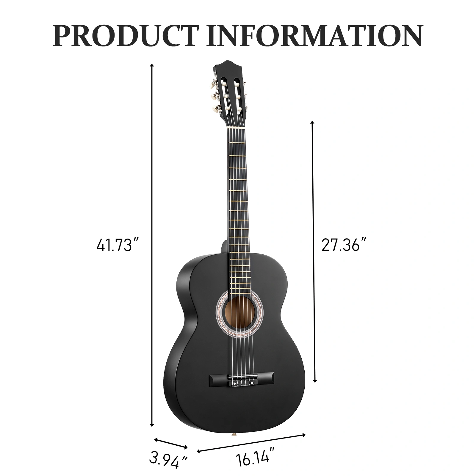 39 Inch Round Barrel Basswood Classical Folk Guitar (Matte Black)including gig bag, spare strings, picks, capo, tuner, and strap. view 3