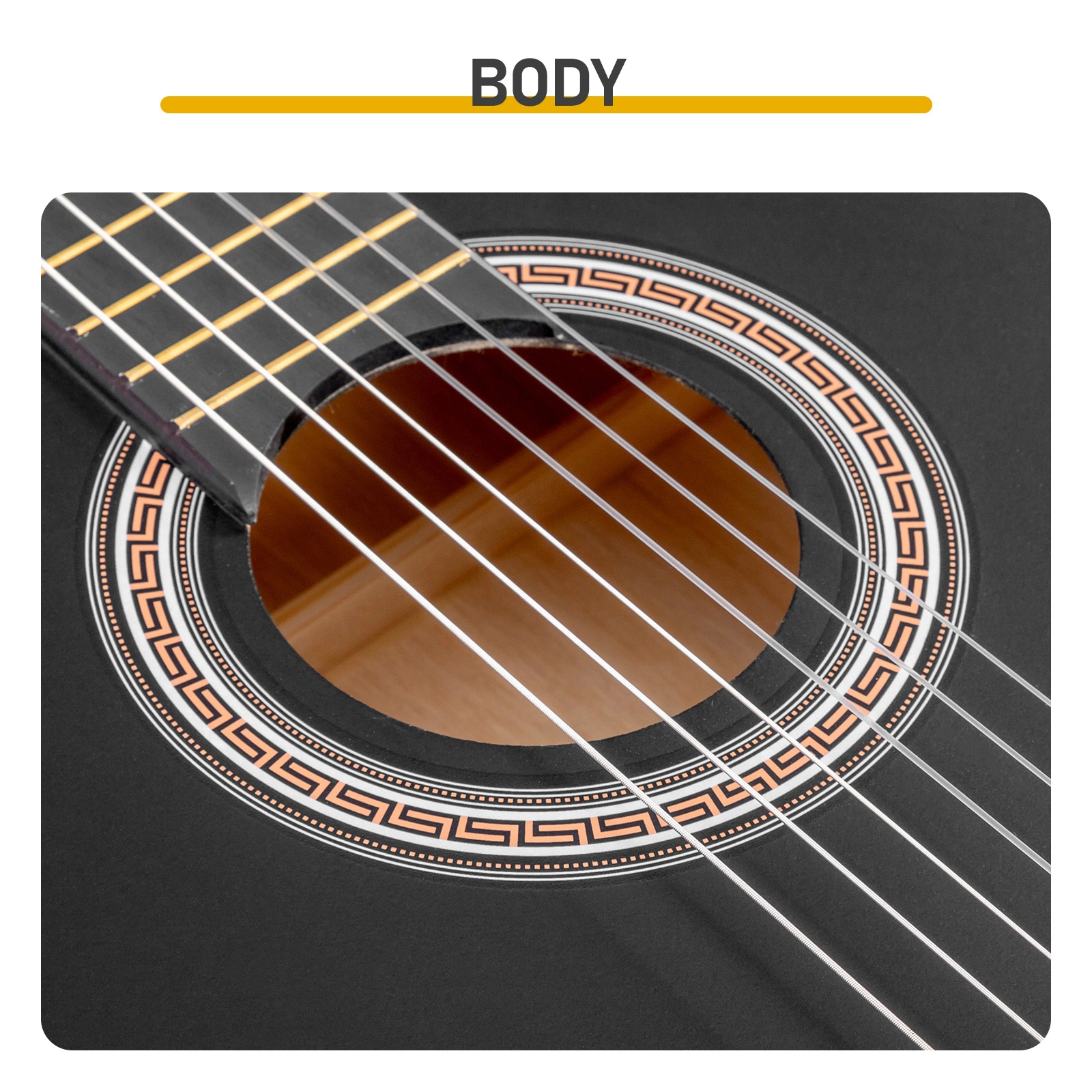39 Inch Round Barrel Basswood Classical Folk Guitar (Matte Black)including gig bag, spare strings, picks, capo, tuner, and strap. view 9