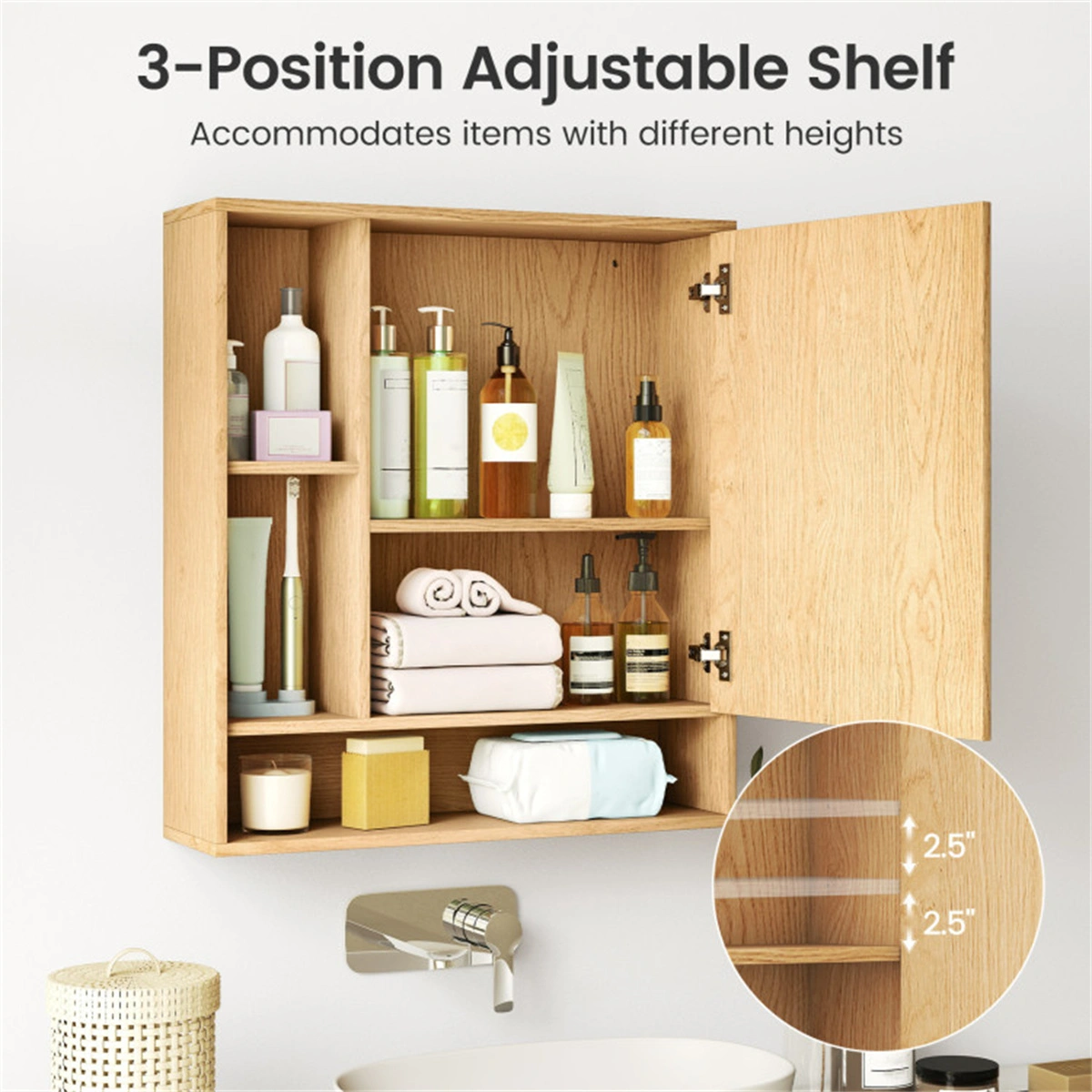 2 in 1 Mirrored Bathroom Wall Cabinet, Space-Saving Medicine Cabinet with Hidden Storage & Shelves - Natural view 12
