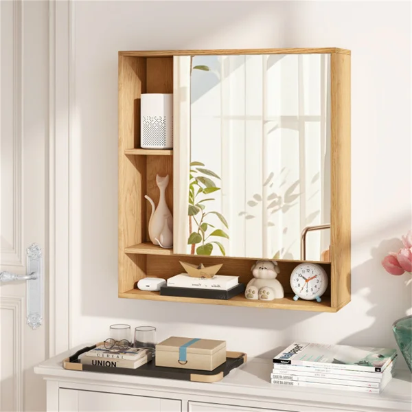 2 in 1 Mirrored Bathroom Wall Cabinet, Space-Saving Medicine Cabinet with Hidden Storage & Shelves - Natural view 2