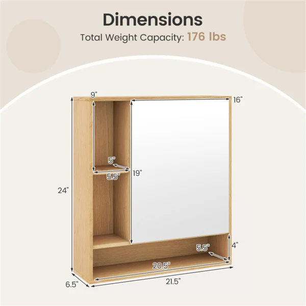 2 in 1 Mirrored Bathroom Wall Cabinet, Space-Saving Medicine Cabinet with Hidden Storage & Shelves - Natural view 4