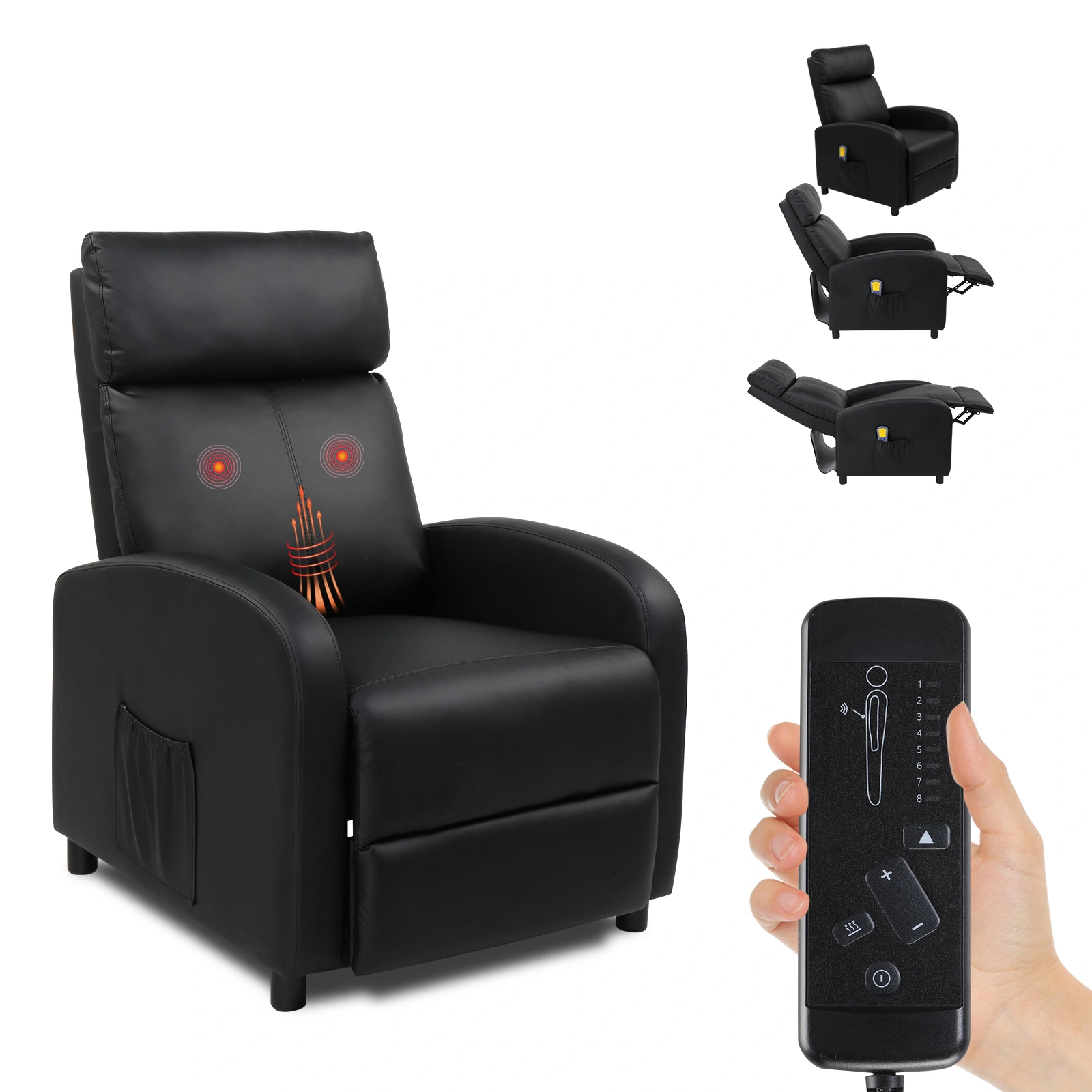 Electric Recliner Chair with Massage and Heat PU Leather Reclining Sofa for Living Room Home Theater Black