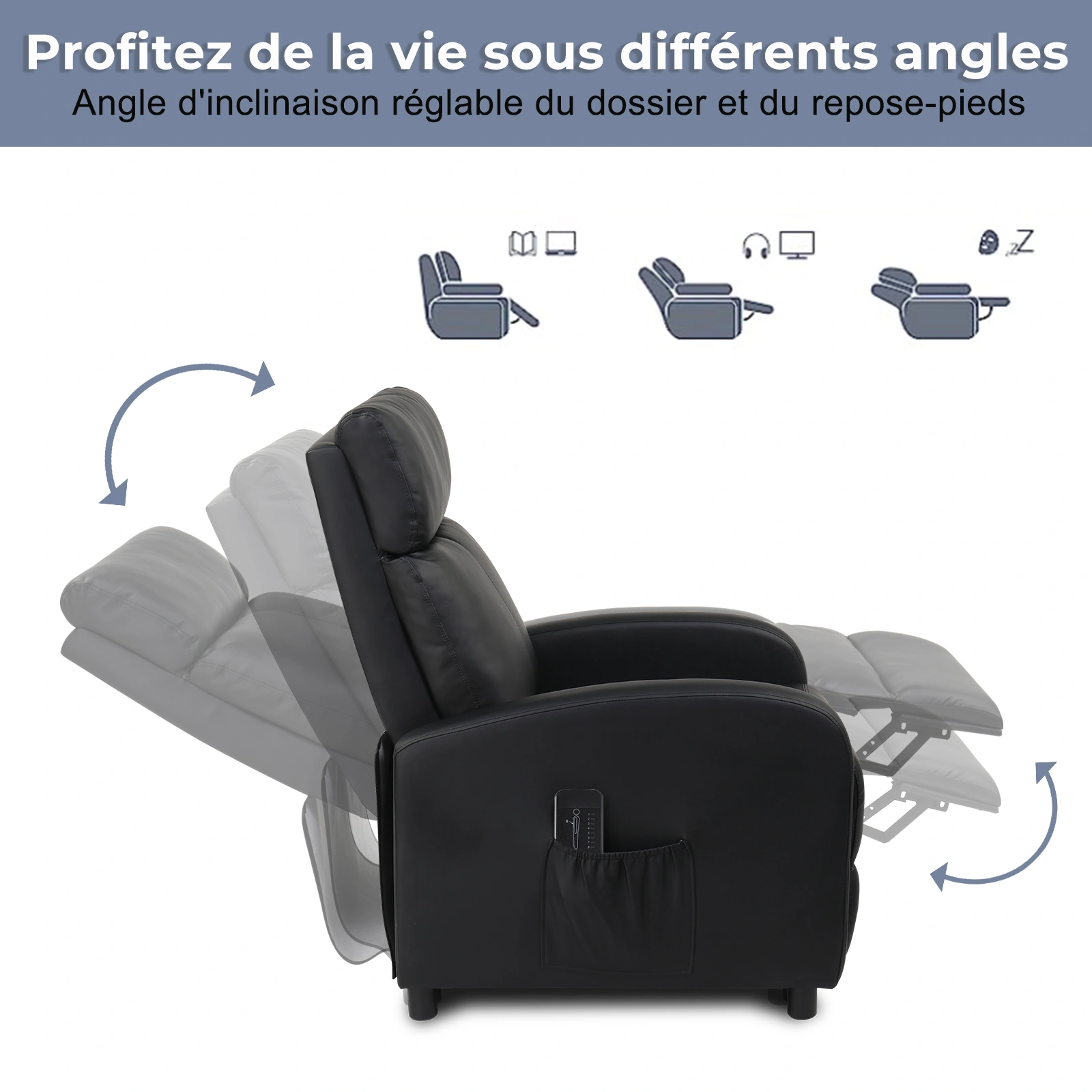 Electric Recliner Chair with Massage and Heat PU Leather Reclining Sofa for Living Room Home Theater Black view 3