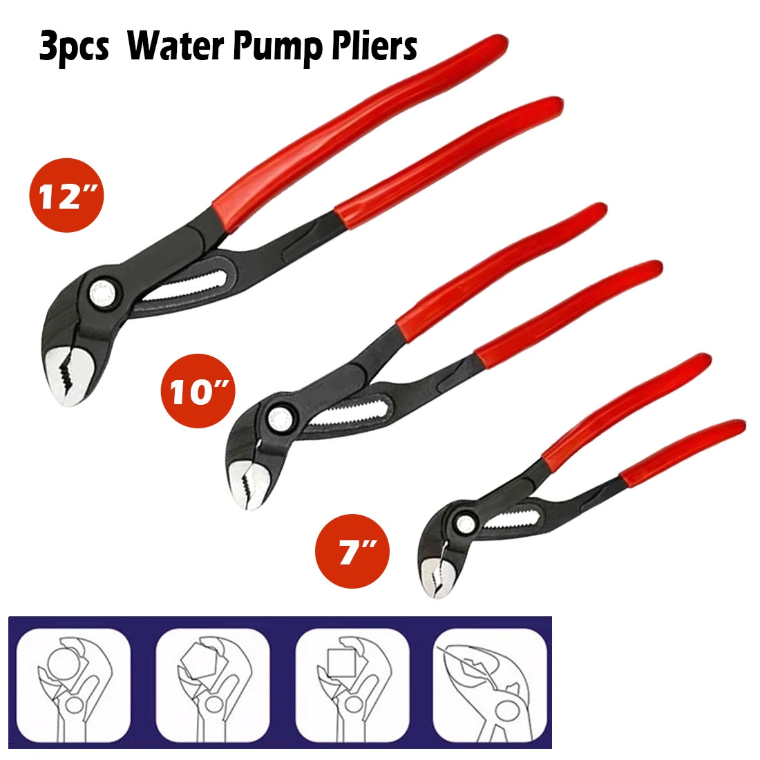 3 Piece Plumber Pipe Wrench Pliers Set, Quick-Release Water Pump Pumps Grips, Adjustable 180mm-310mm
