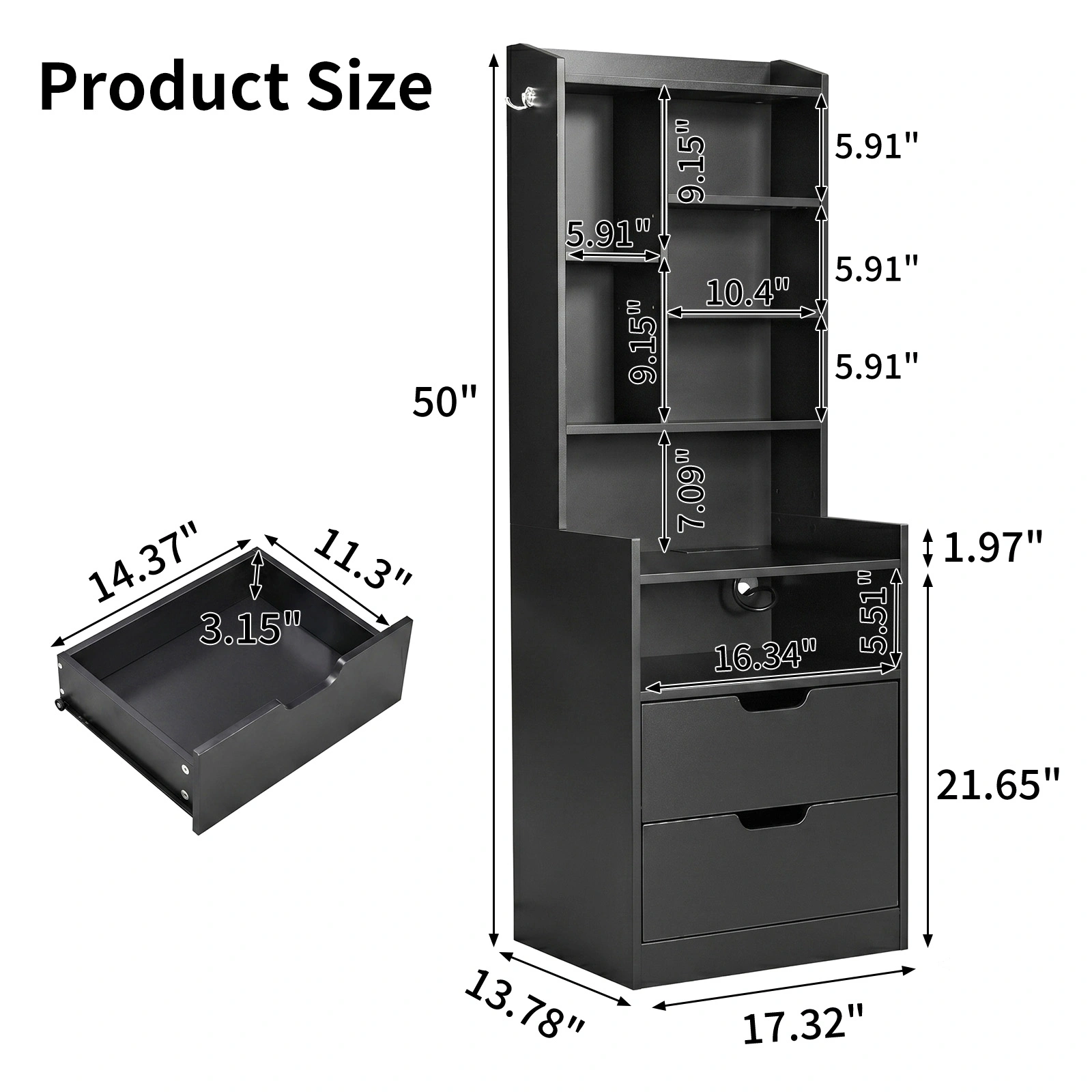 2 Drawers + 1 Shelf + 6-Shelf BedsideTable US Standard Power Supply (1 USB + 1 Type-C + 2 Triple-Prong) Storage Locker P2-12MM Particleboard Laminated Storage Cabinet 17.32*13.78*50in Black view 5
