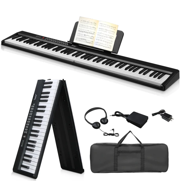 GPP-106 88 Key Folding Piano Semi-Weighted Standard Keyboards Digital Piano with MIDI Bluetooth, Handbag, Headphone, for Piano Lover Black color