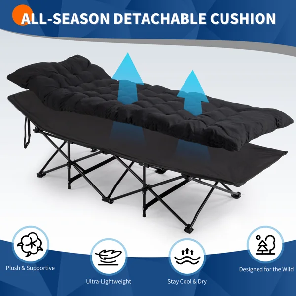 Folding Camping Cot Bed with Soft Pad, Portable Outdoor Cot, Adults Sleeping Bed for Home Office Nap Beach Travel, Black view 4