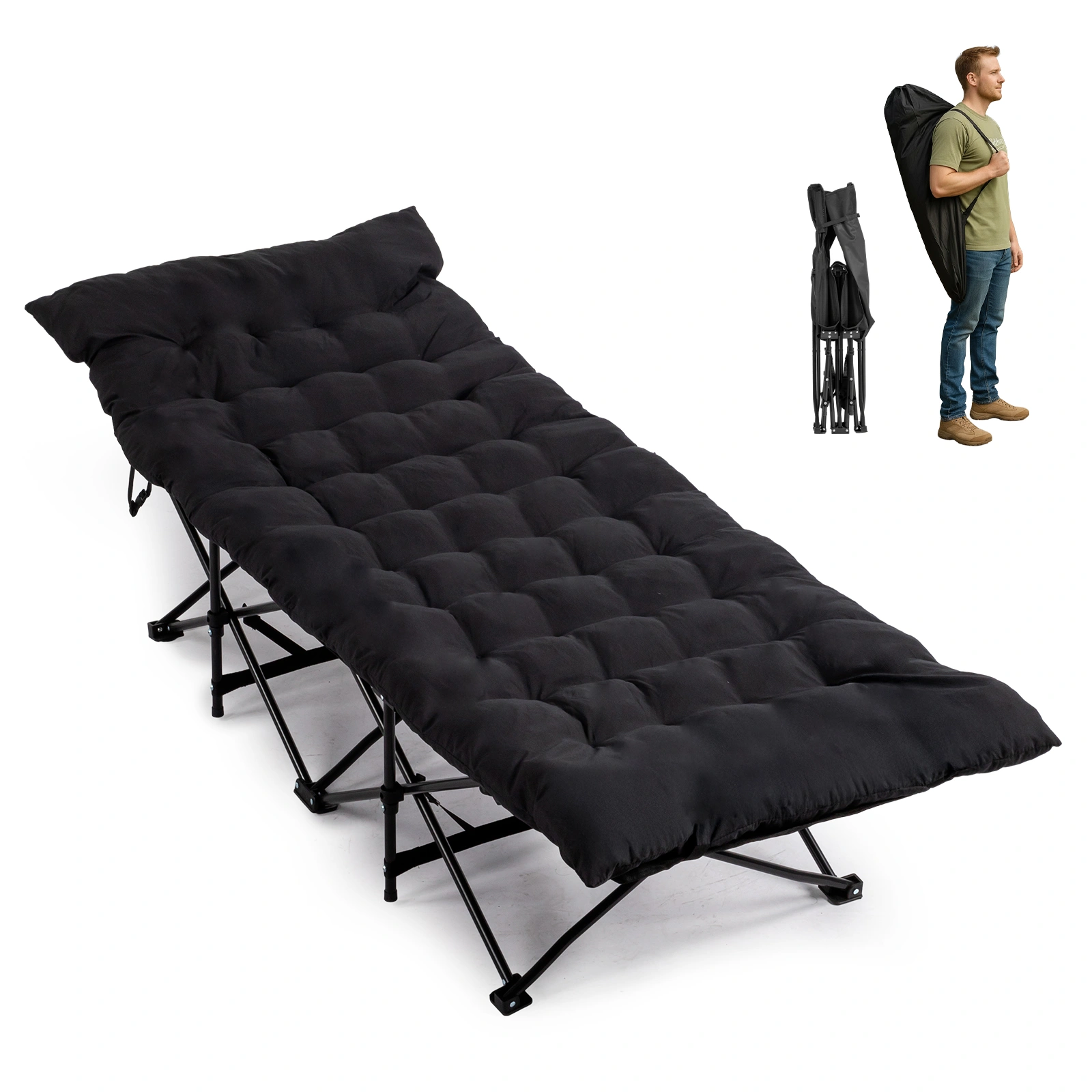 Folding Camping Cot Bed with Soft Pad, Portable Outdoor Cot, Adults Sleeping Bed for Home Office Nap Beach Travel, Black